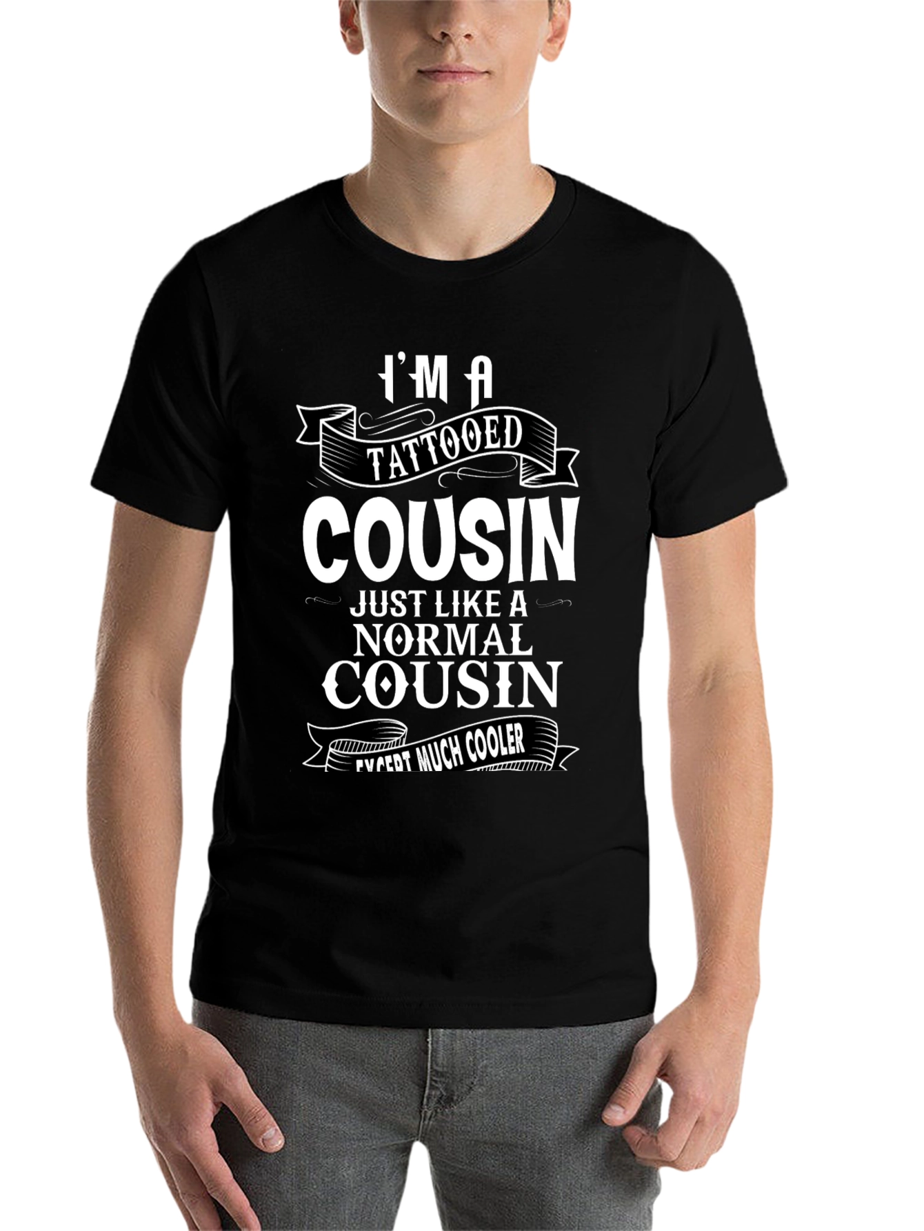 Black Tattooed Cousin Graphic Tee - Cool Family Humor T-Shirt view 7