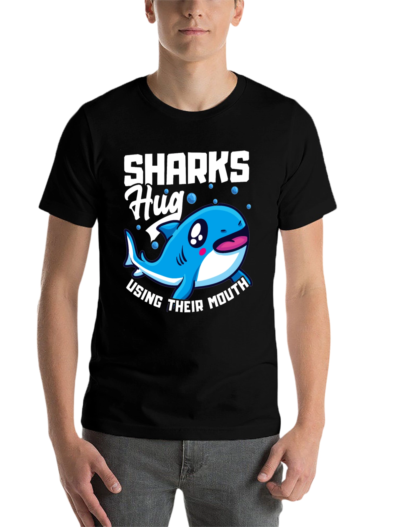 Black Sharks Hug with Their Mouth T-Shirt, Funny Animal Tee view 7
