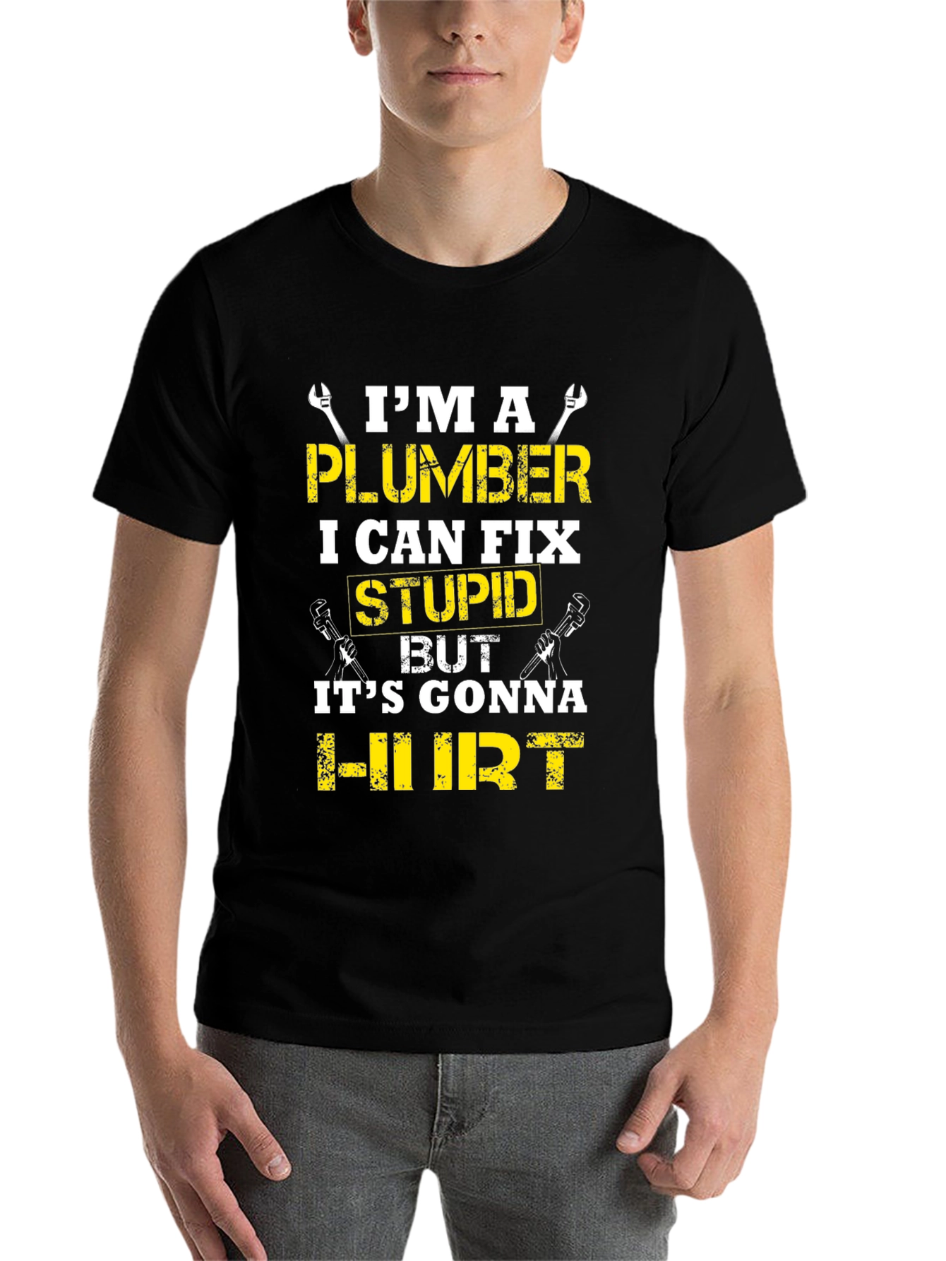 Black Plumber Humor T-Shirt: I Can Fix Stupid view 7