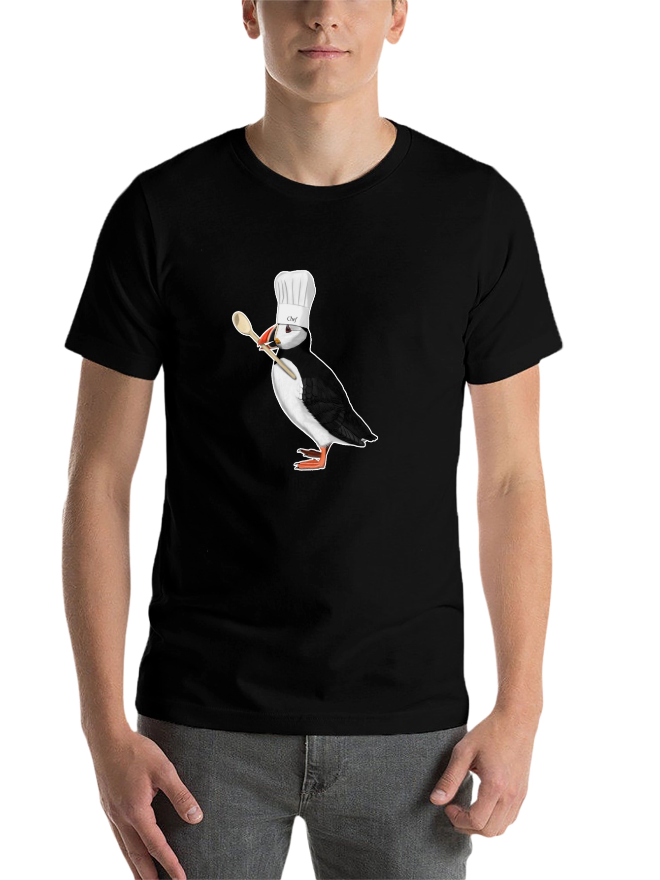 Black Chef Puffin T-Shirt - Black Cotton Tee view 7