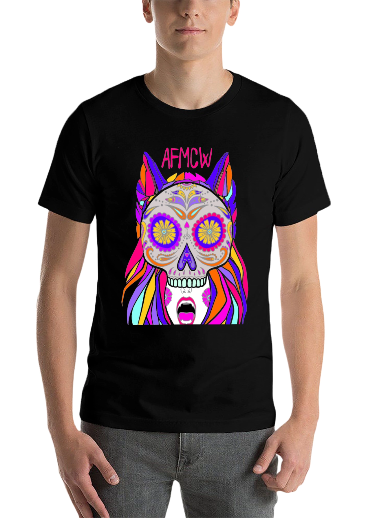 Black Colorful Sugar Skull Graphic Tee - Unique Design view 7