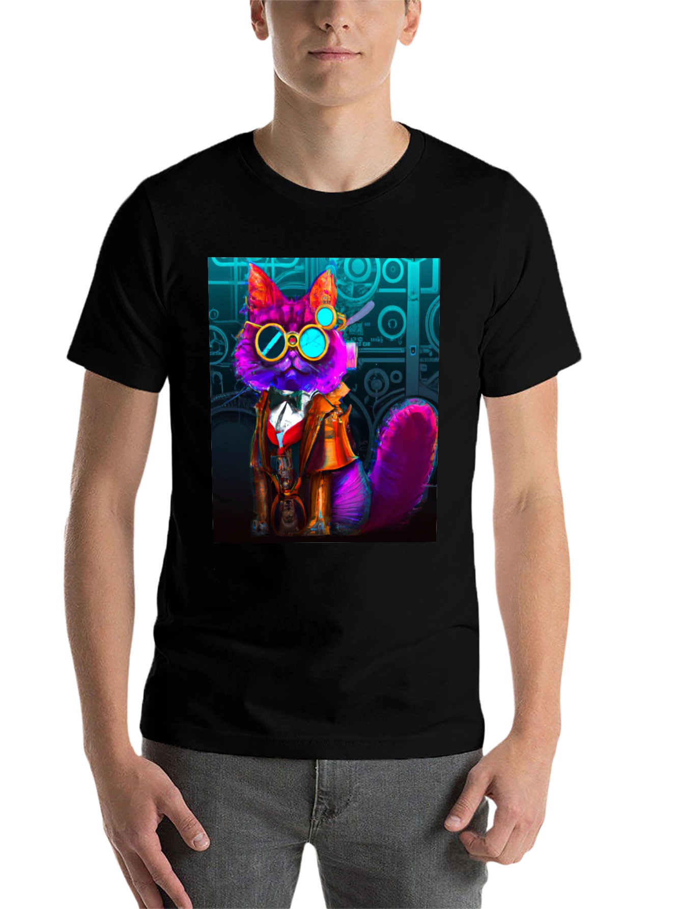 Black Steampunk Cat T-Shirt - Whimsical Fashion view 7