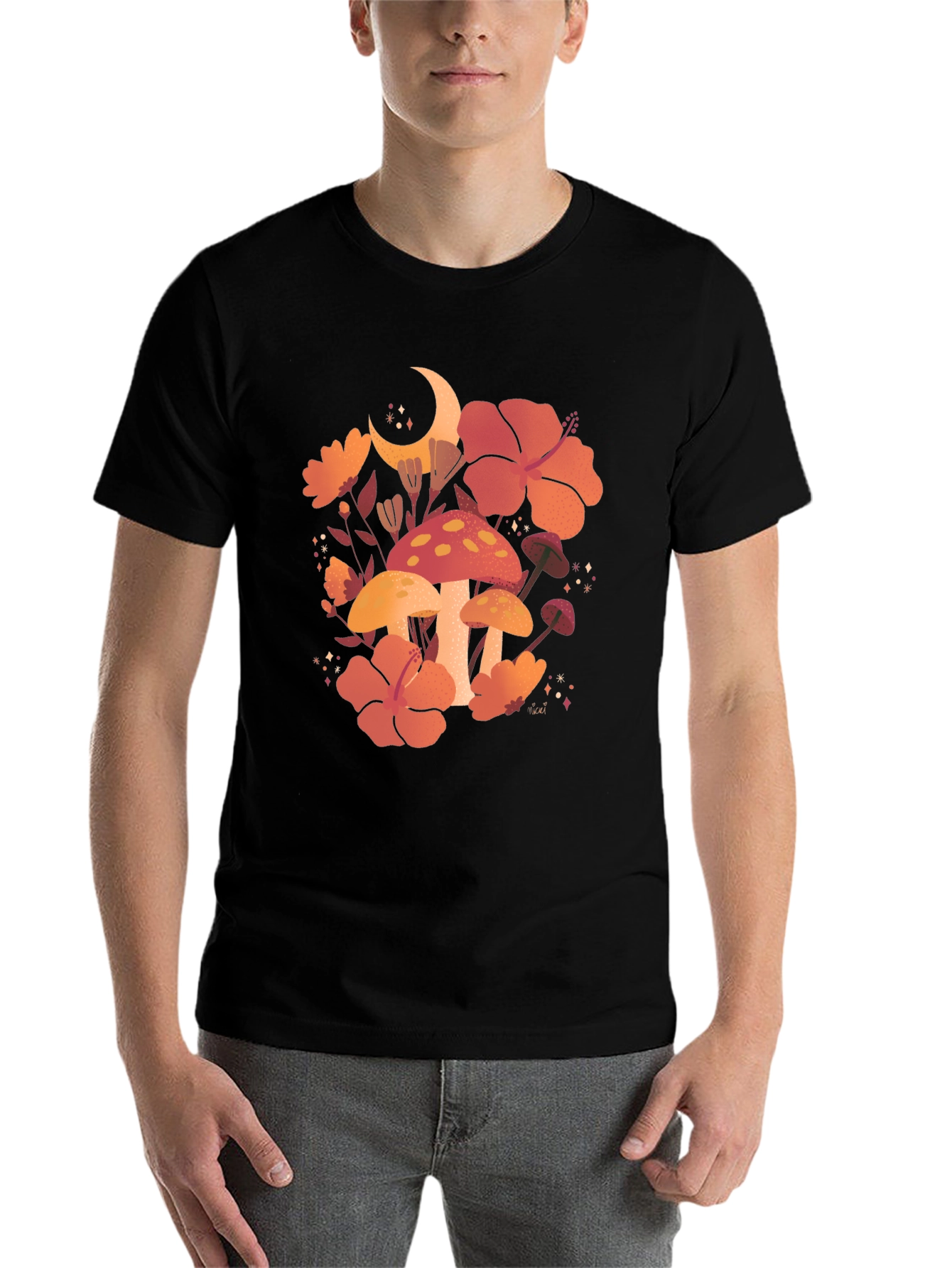 Black Mushroom Moon T-Shirt, Floral Graphic Tee view 7