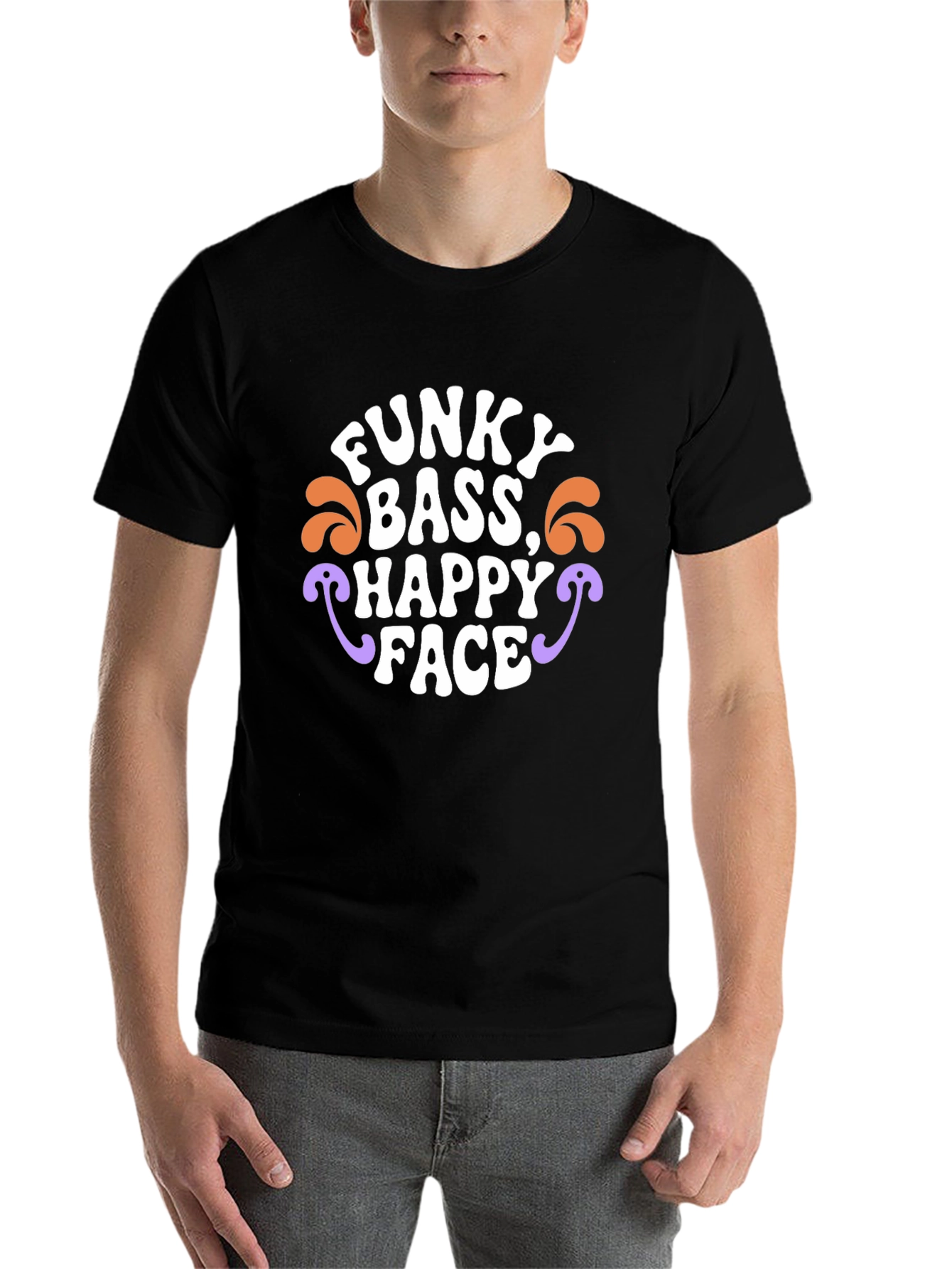 Black Funky Bass Happy Face Graphic Tee - Retro Style view 7