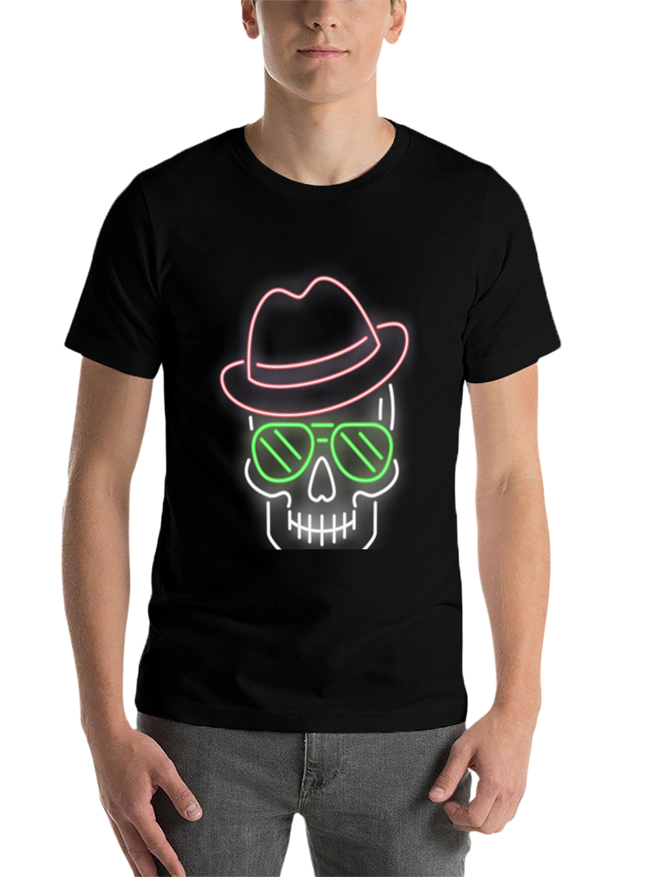 Black Neon Skull T-Shirt - Hat & Sunglasses Graphic Tee view 7