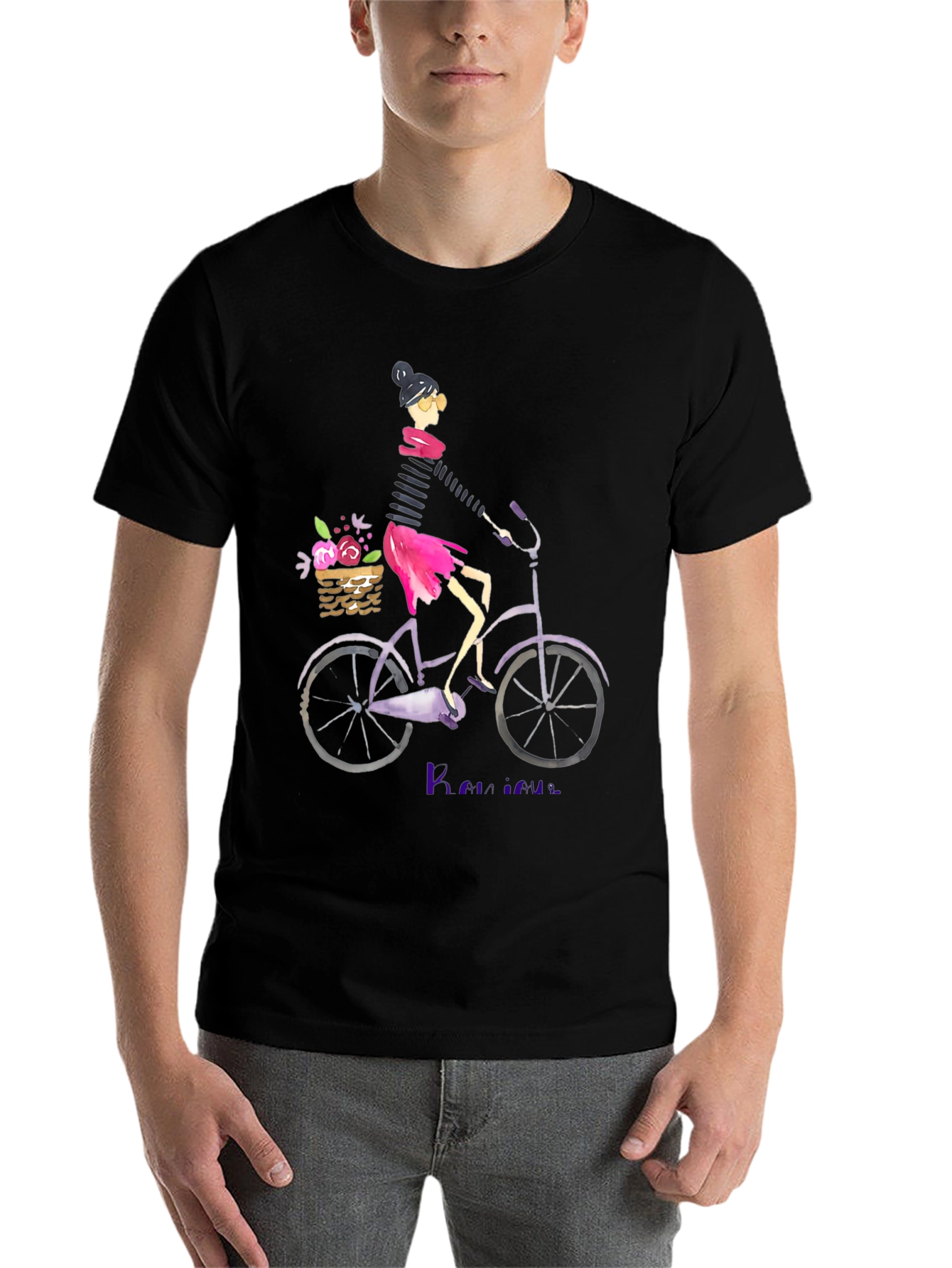 Black Woman on Bicycle Graphic Tee - Casual Black T-Shirt view 7