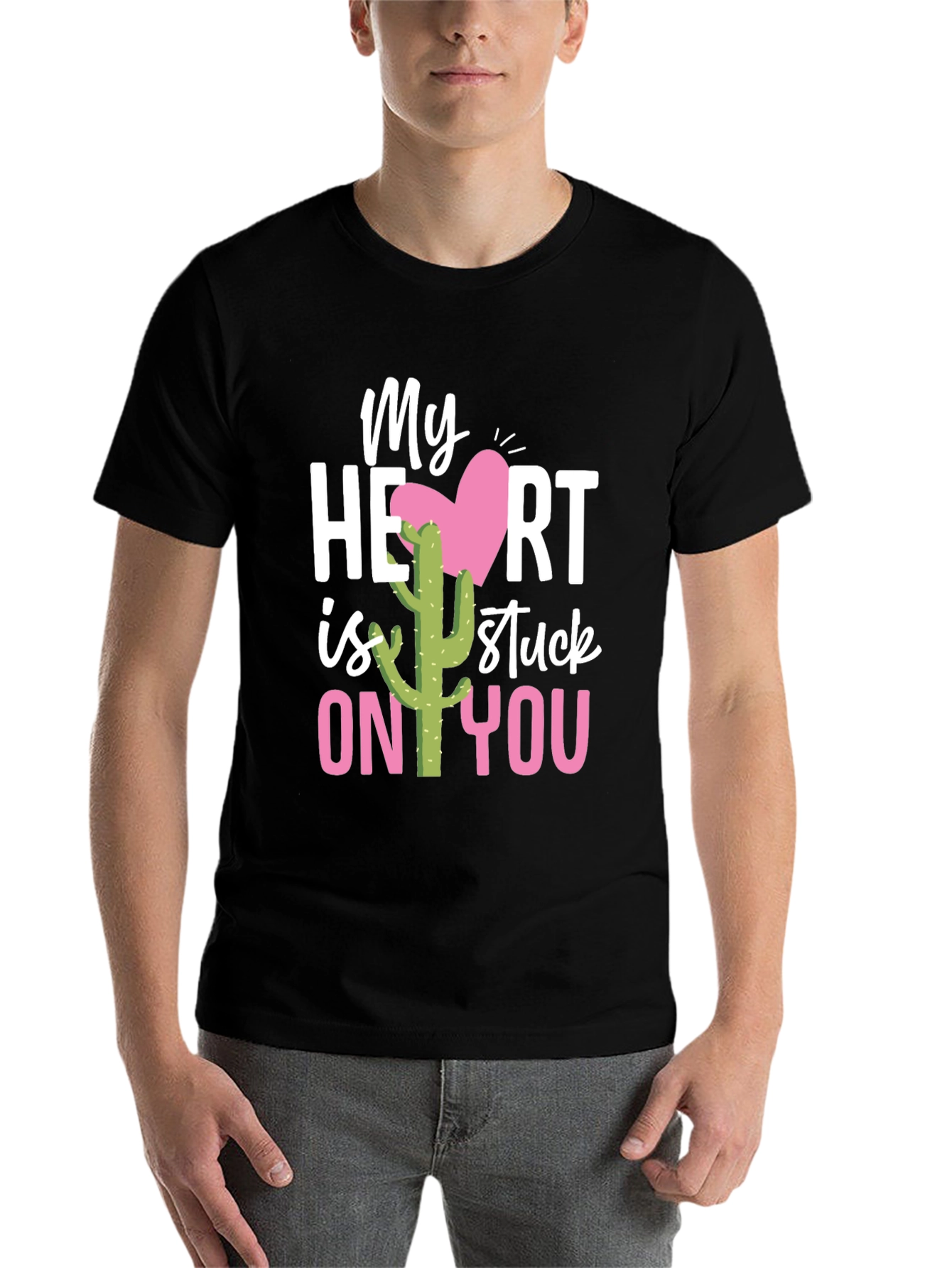 Black Stuck On You Valentine's Day Cactus T-Shirt view 7
