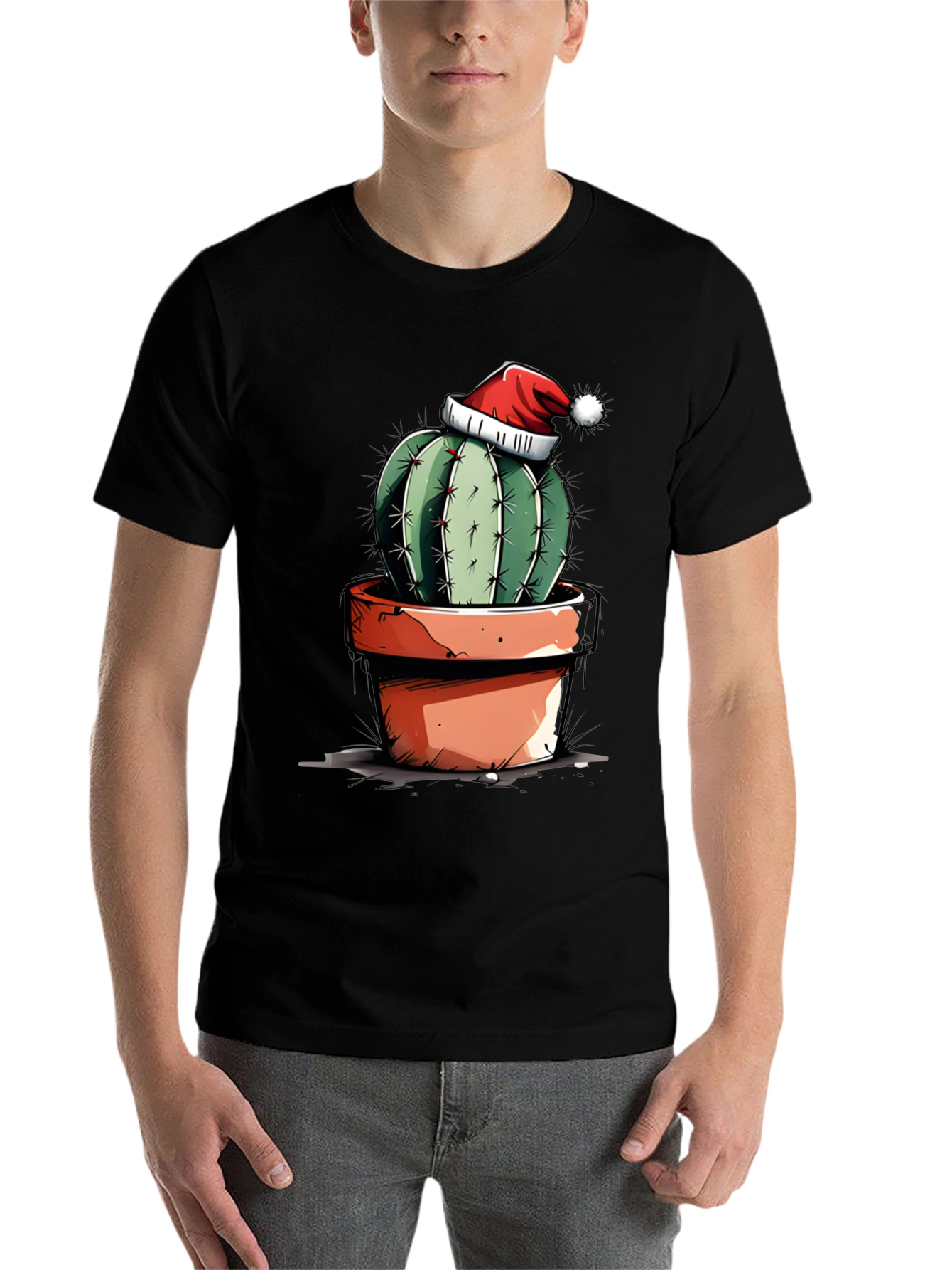 Black Festive Cactus Tee - Holiday Humor Shirt view 7