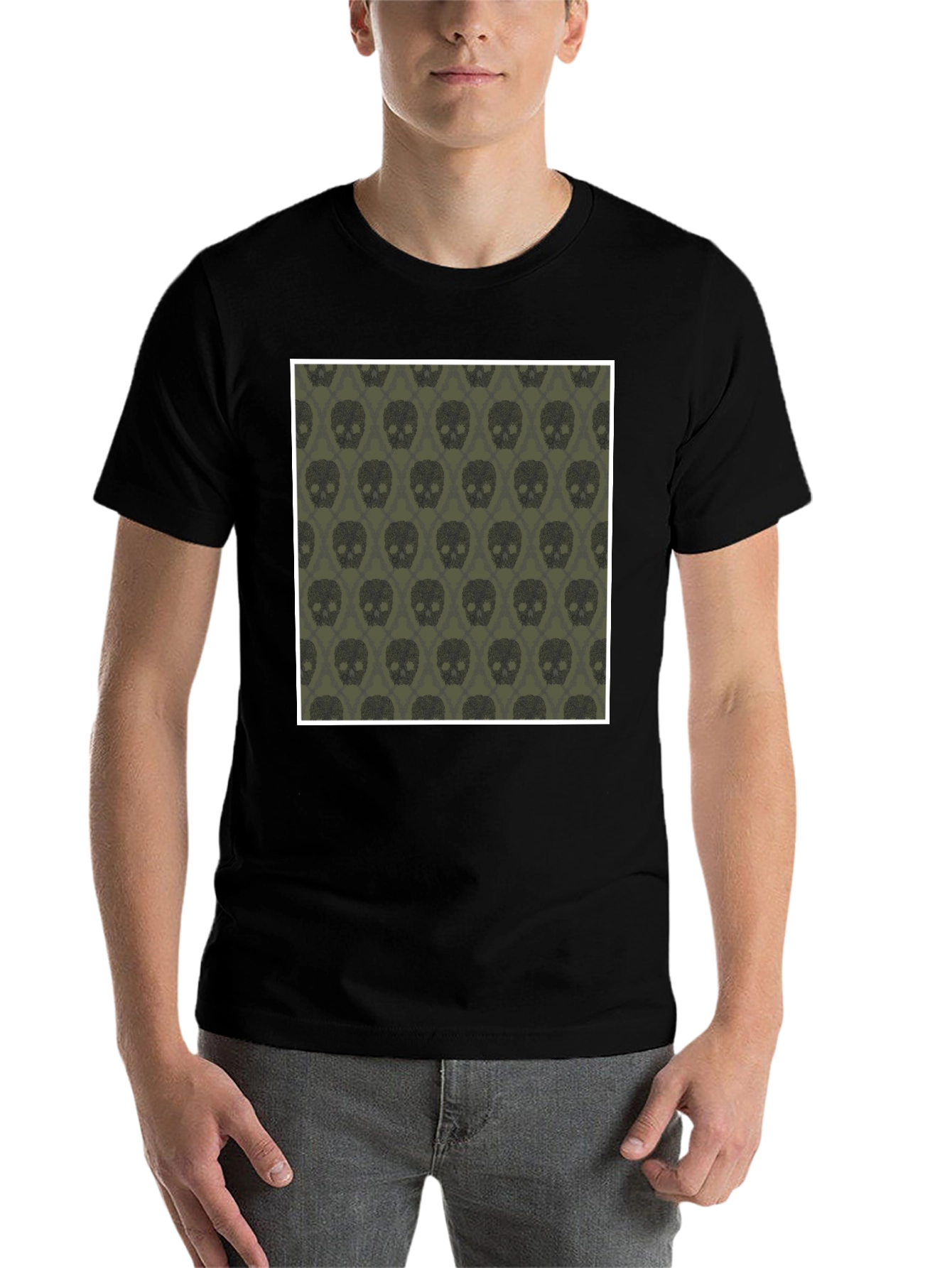 Black Skull Pattern Men's Black T-Shirt view 7