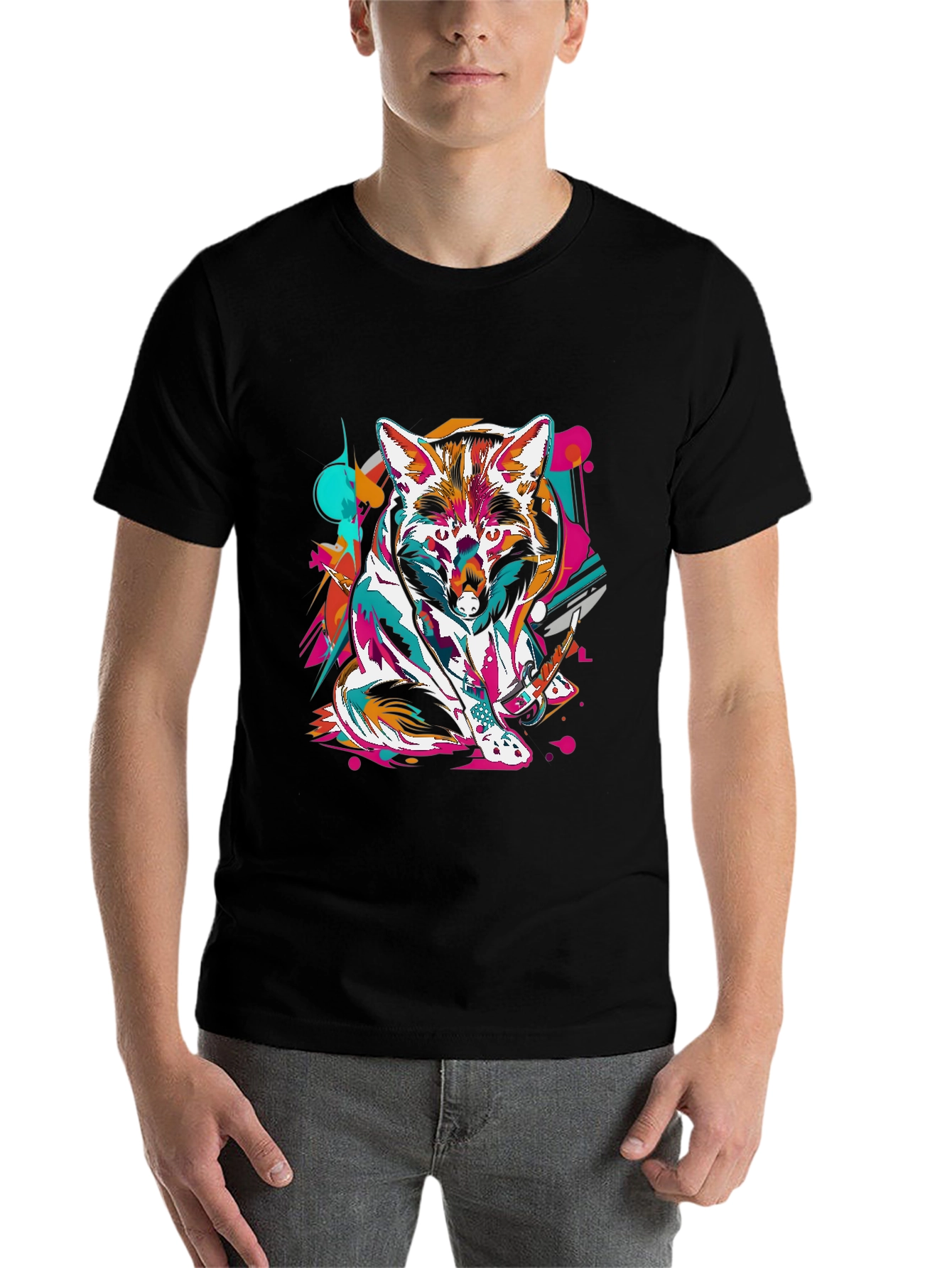 Black Abstract Fox Graphic Black T-Shirt view 7