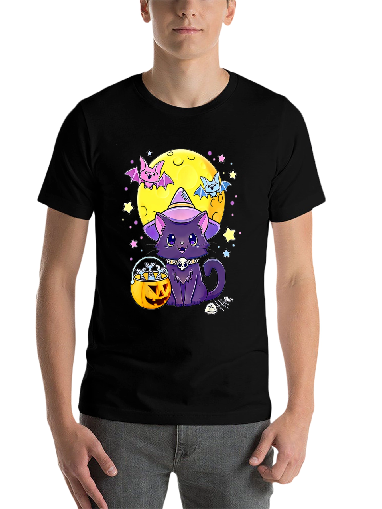 Black Halloween Cat Moon T-Shirt view 7