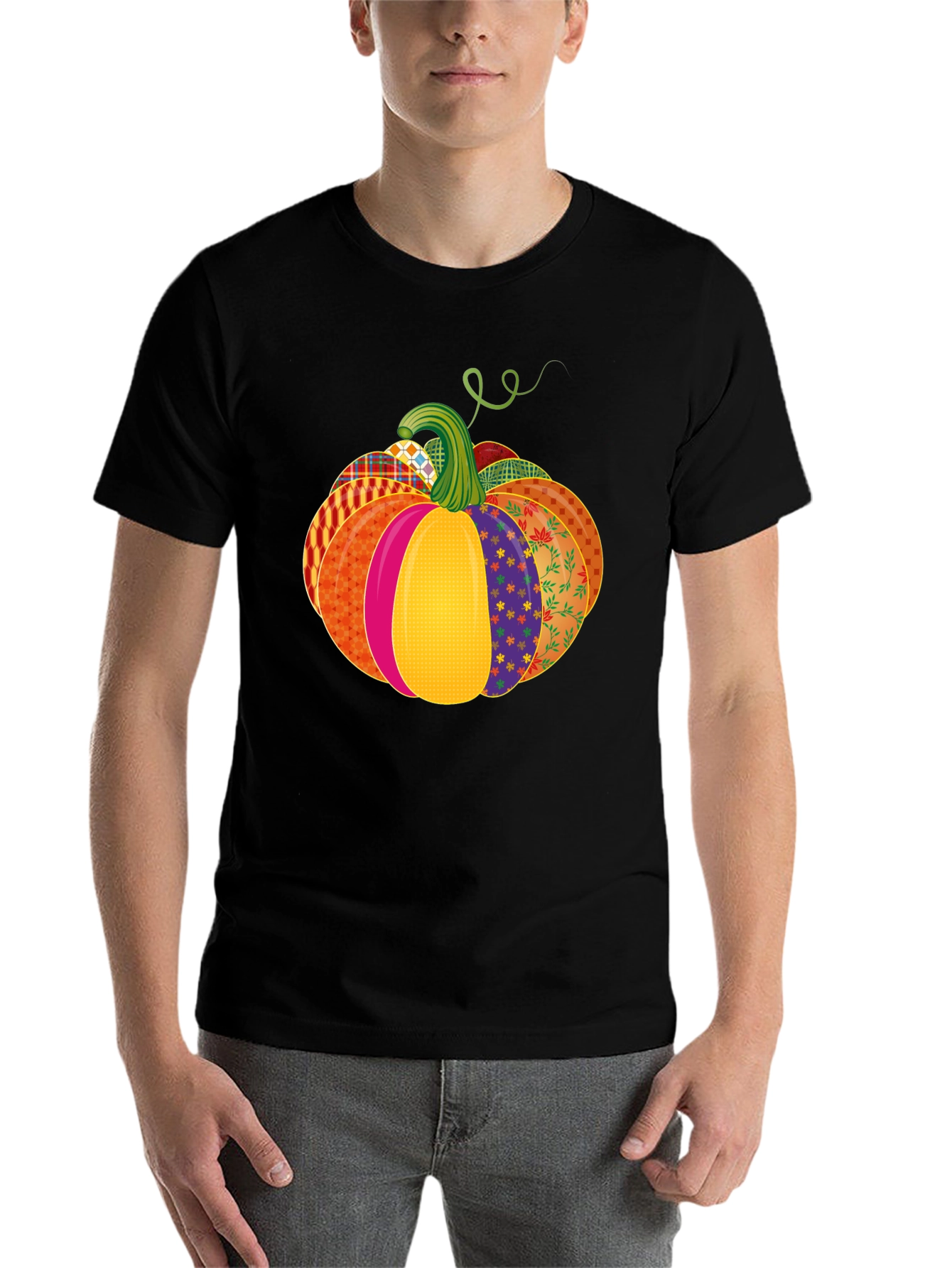Black Festive Patchwork Pumpkin T-Shirt - Autumn Style view 7