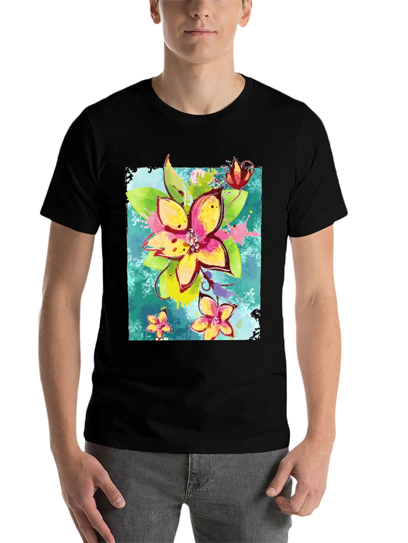 Black Floral Print Men's Black T-Shirt view 7