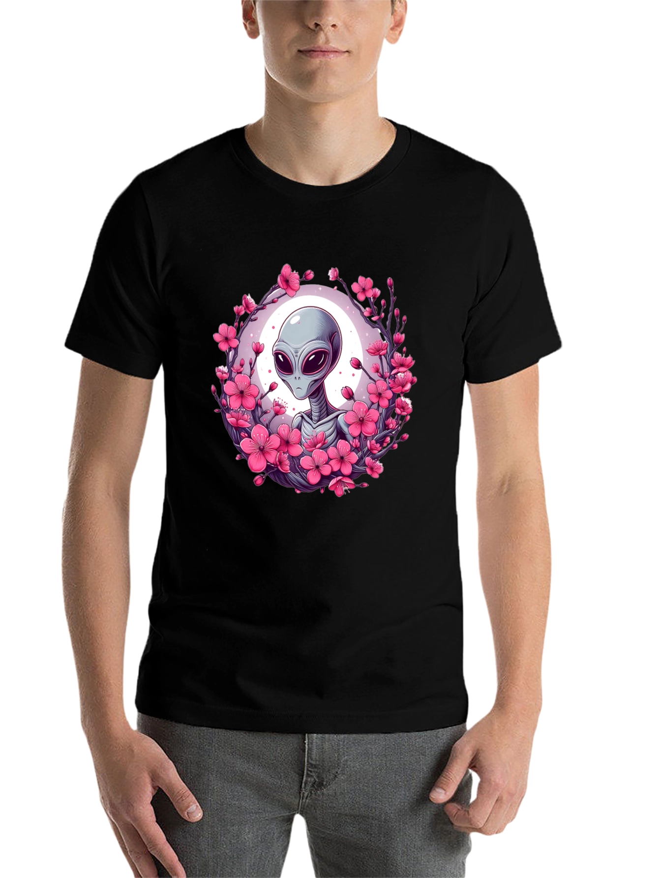 Black Alien in Cherry Blossoms Graphic Tee - Black view 7