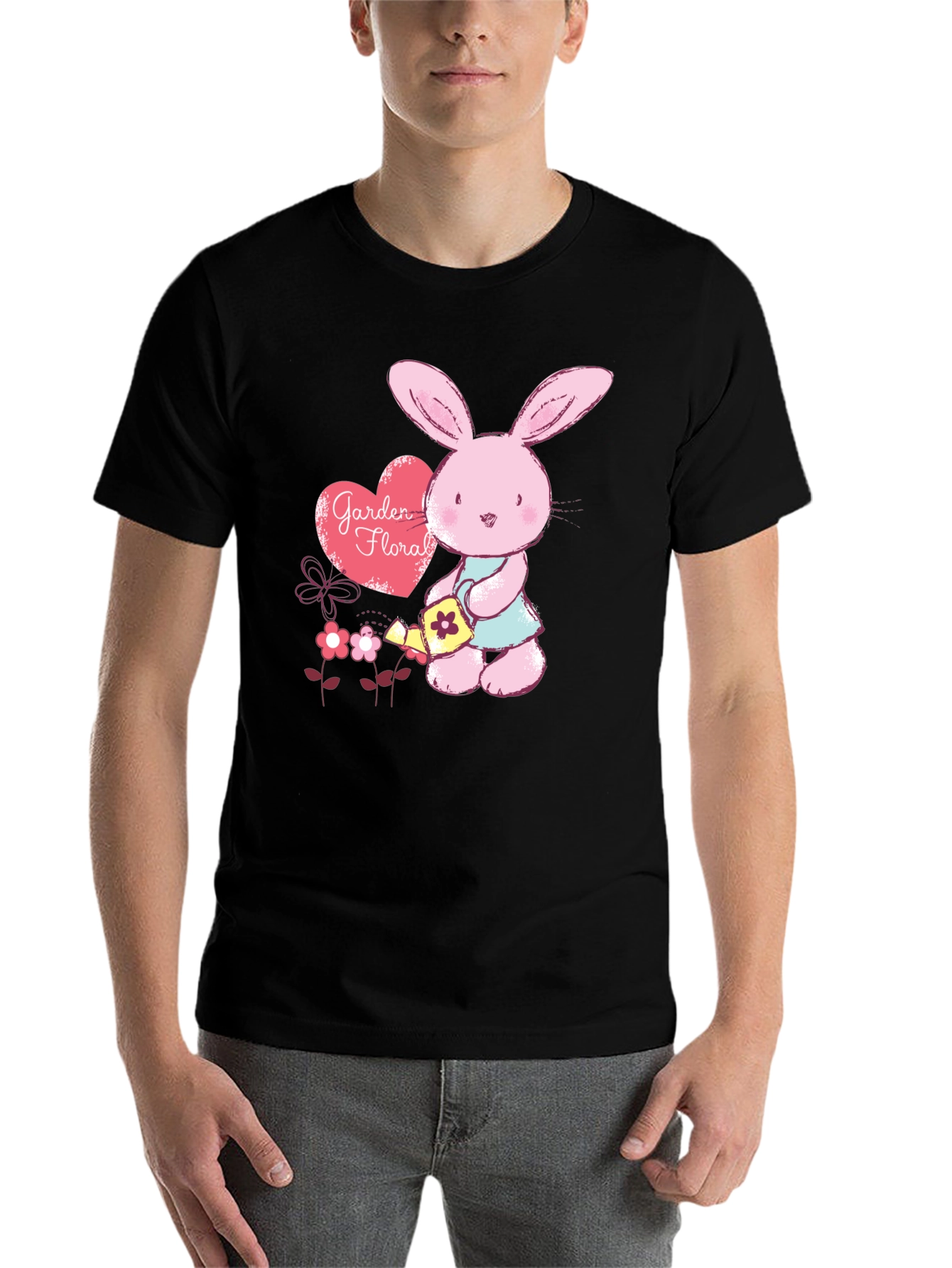 Black Cute Bunny Gardener T-Shirt - Floral Garden Design view 7