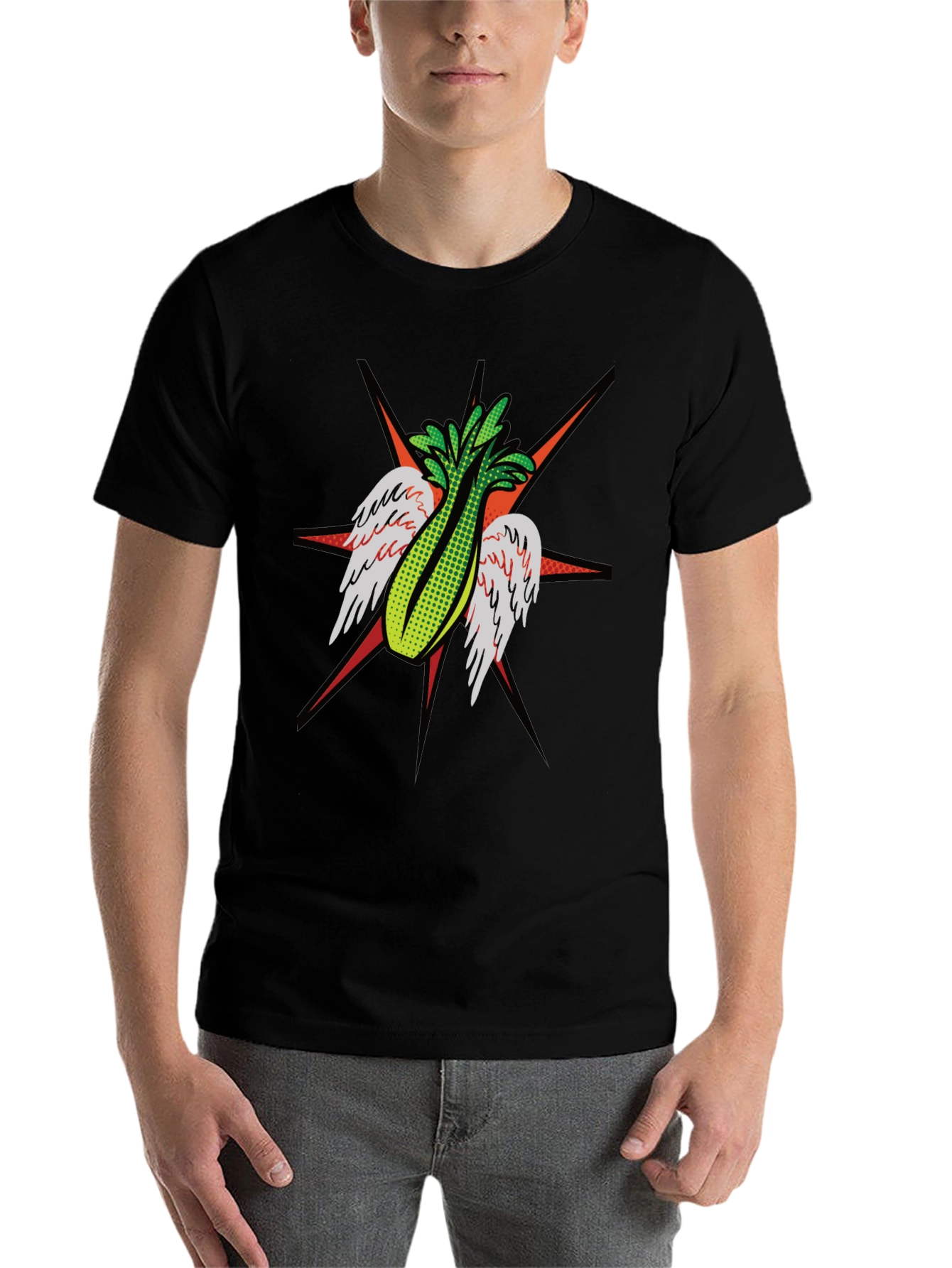 Black Winged Celery Graphic Tee - Quirky Black T-Shirt view 7