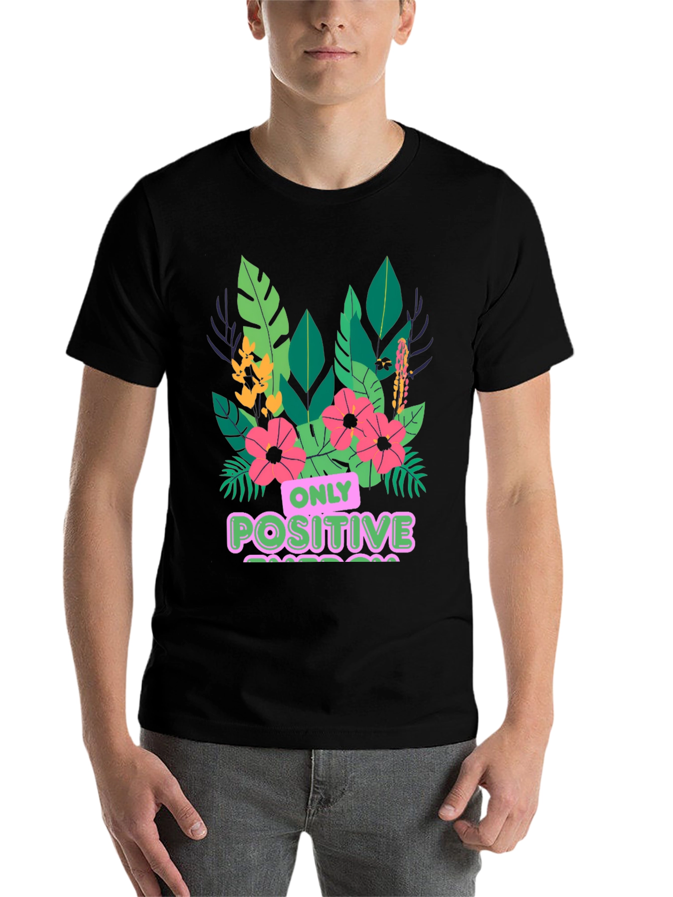 Black Positive Vibes T-Shirt - Floral Graphic Tee view 7
