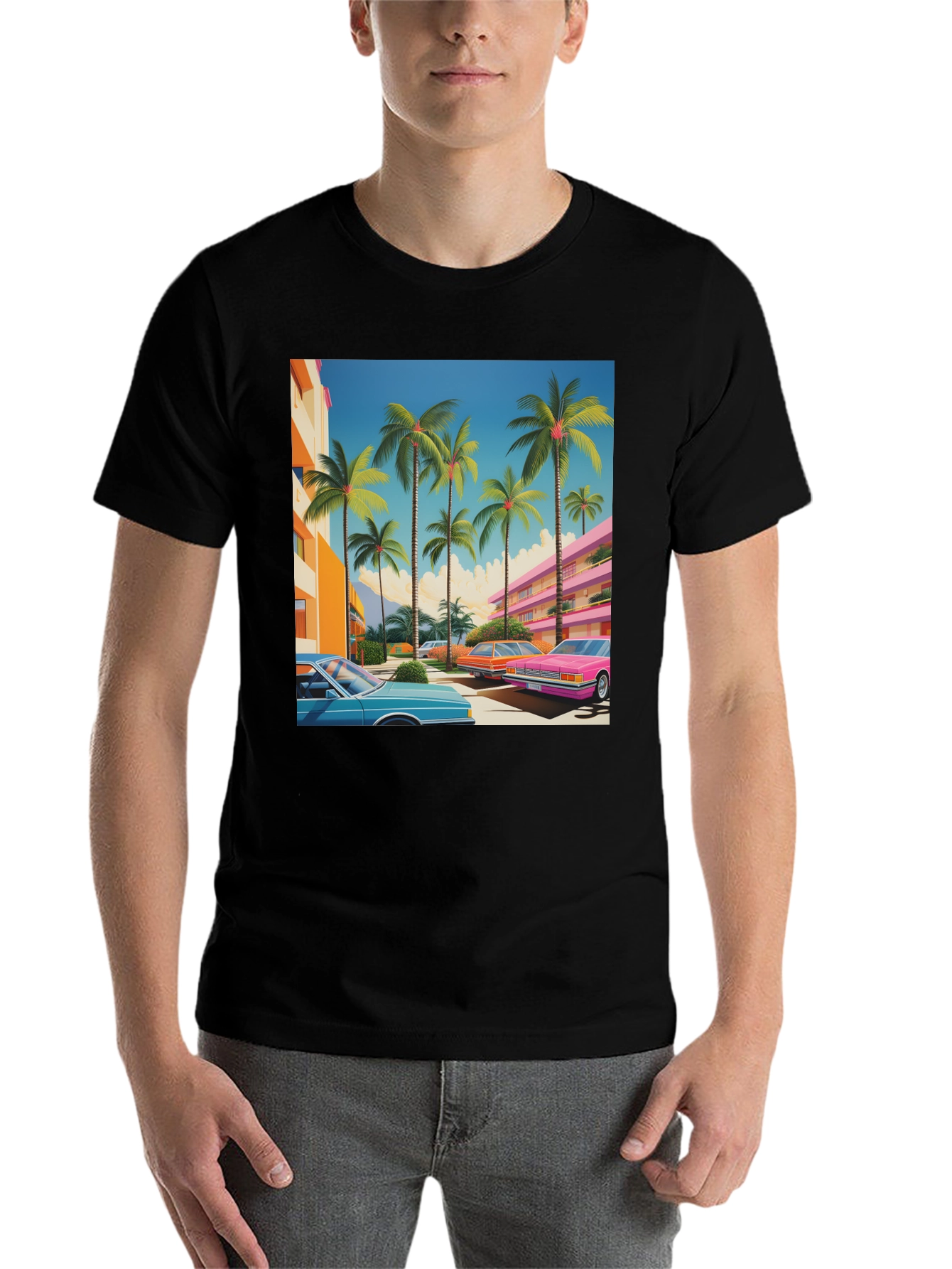 Black Retro Miami Palm Tree Cars T-Shirt view 7
