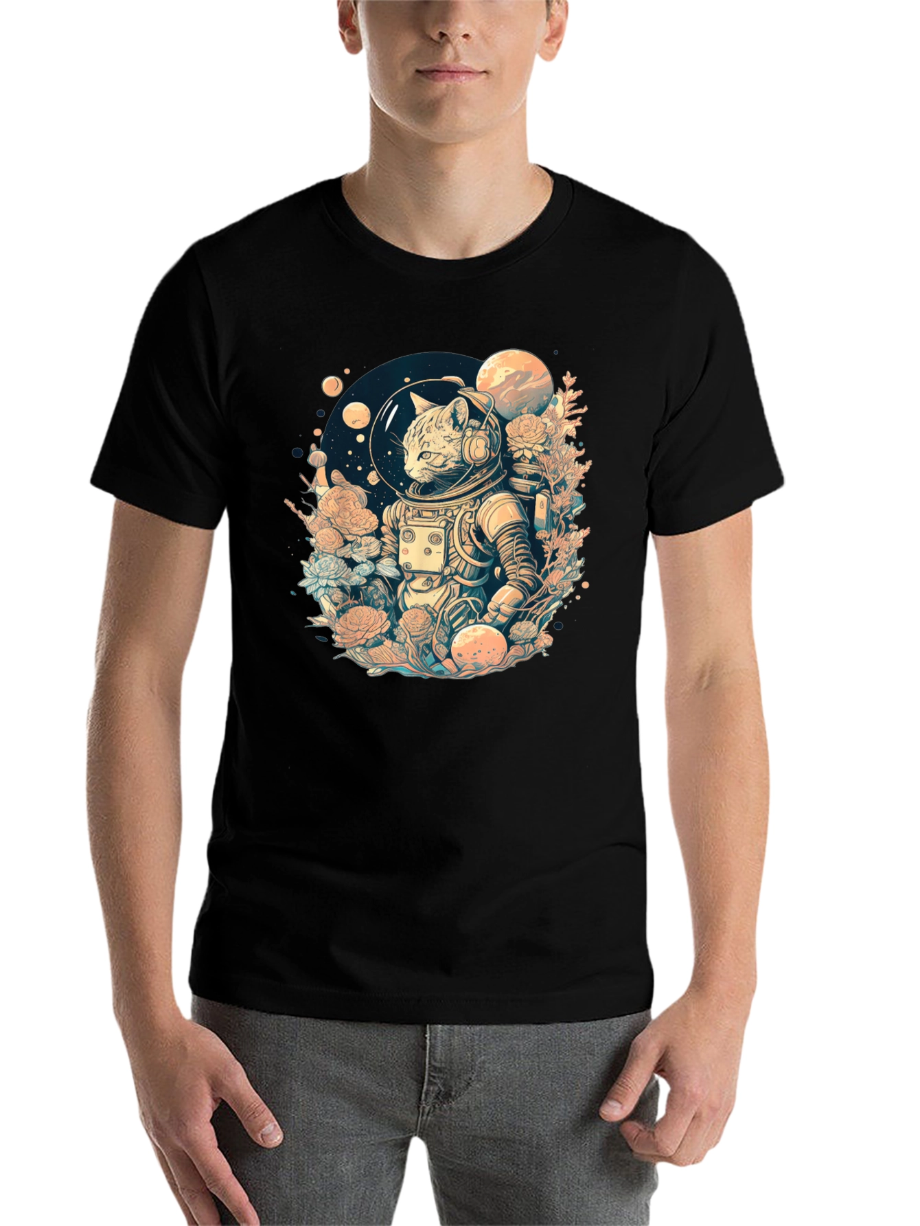 Black Cosmic Cat Astronaut Graphic Tee view 7