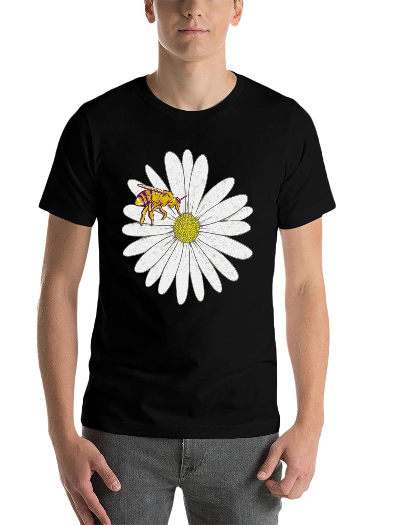 Black Bee on Daisy Graphic Tee - Black Cotton T-Shirt view 7