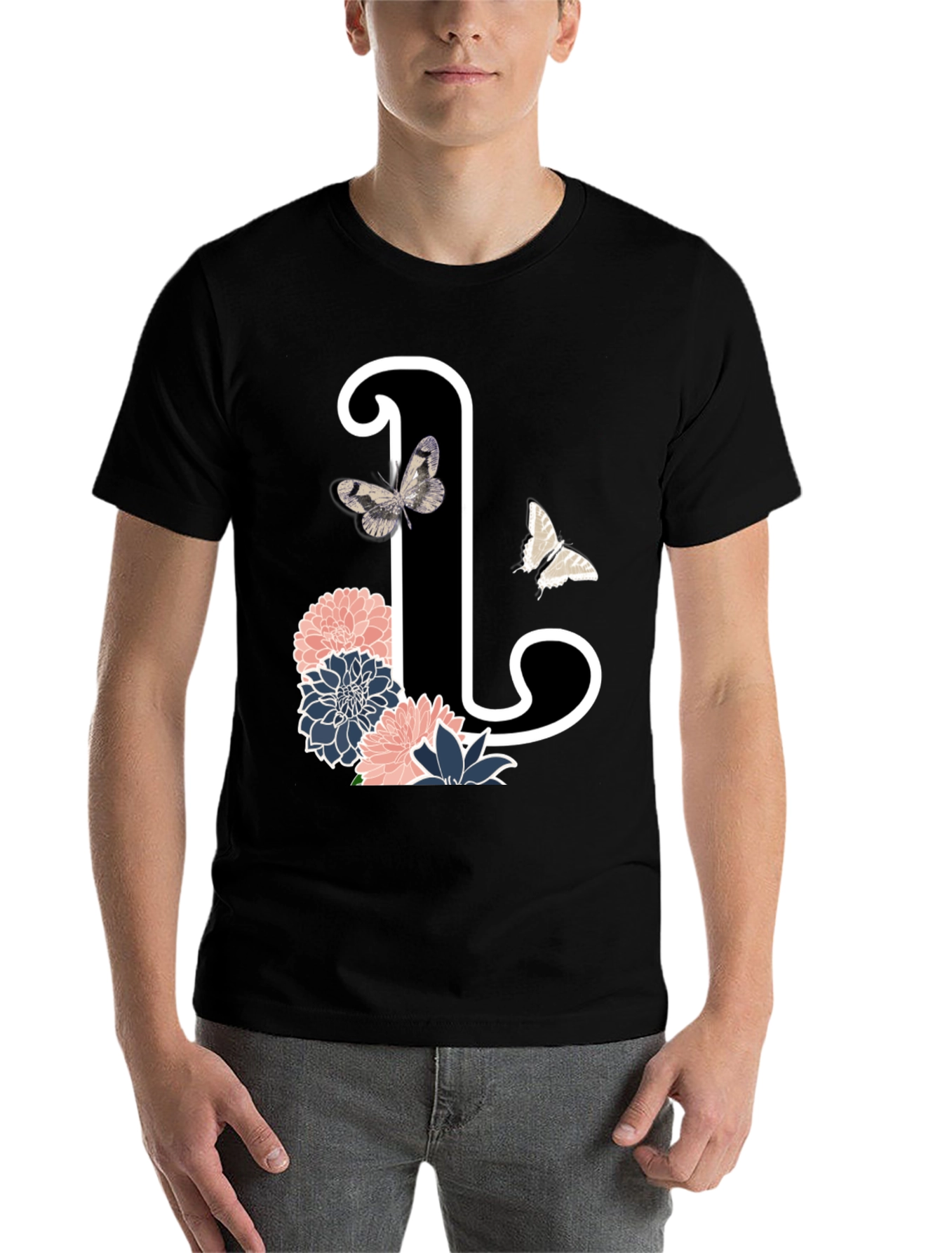 Black Floral Initial 'L' Black T-Shirt view 7