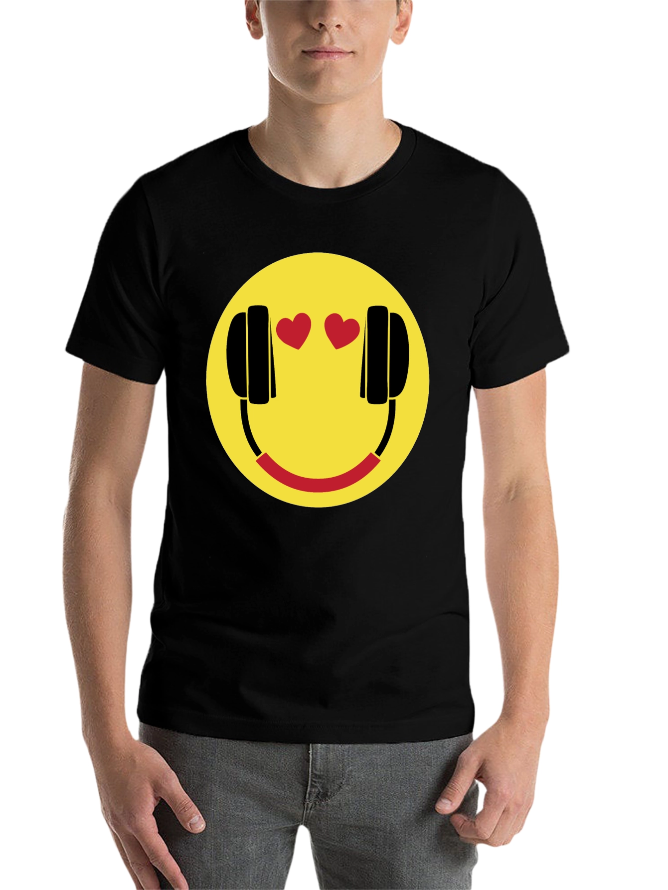 Black Smiley Face with Headphone Hearts T-Shirt view 7