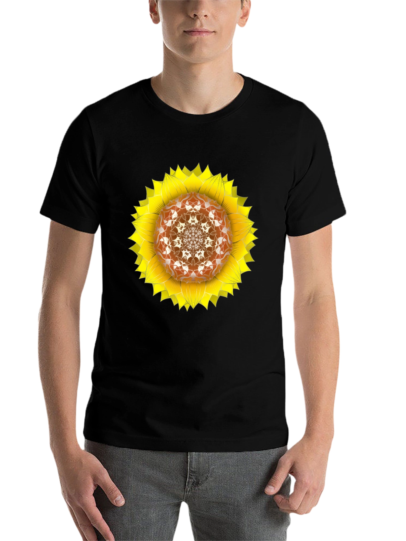 Black Sunflower Mandala Black T-Shirt view 7