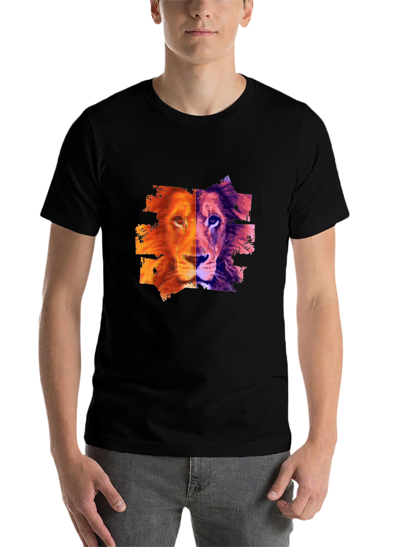 Black Lion Split Face Graphic Print Black T-Shirt view 7