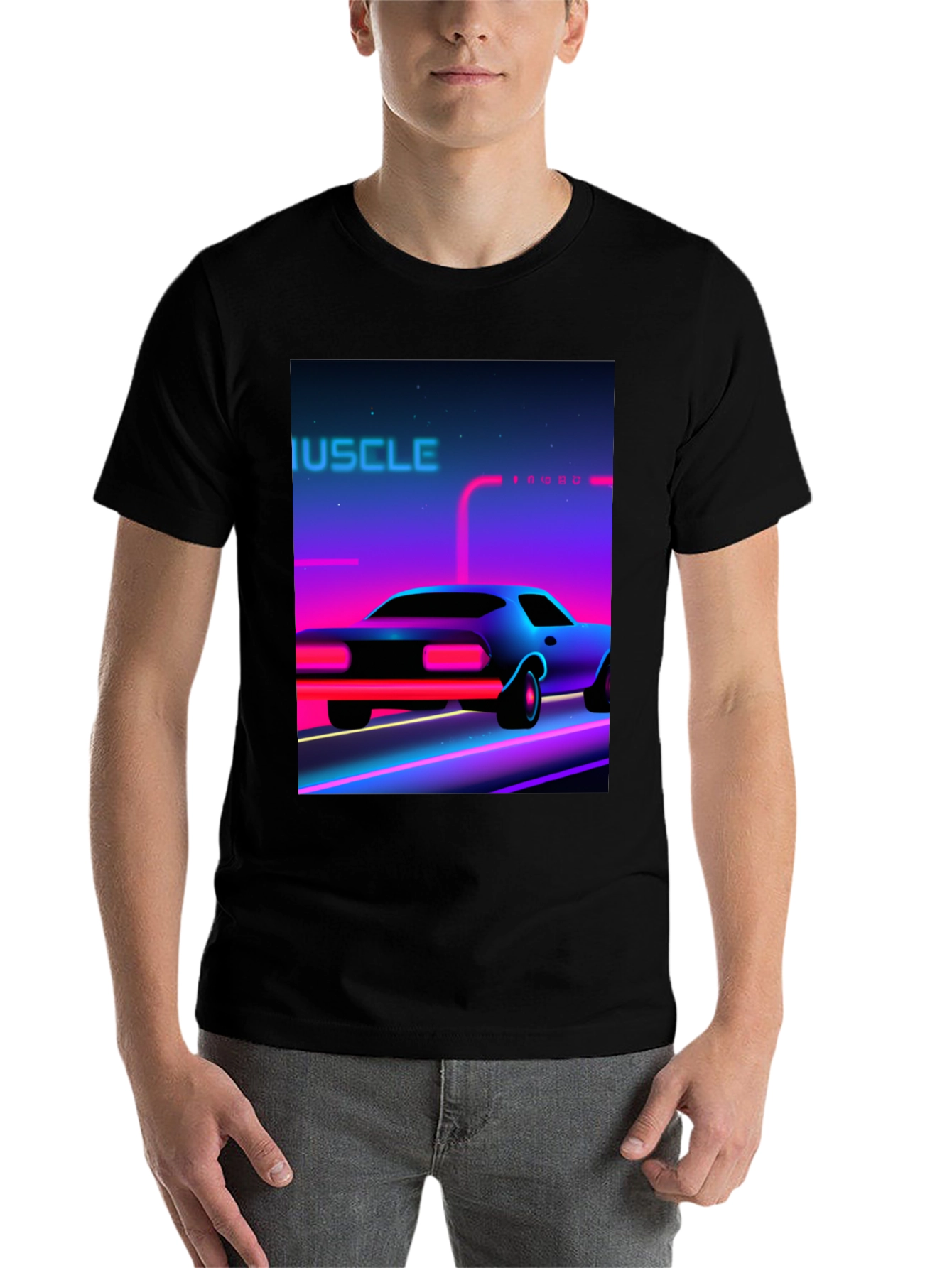 Black Retro Muscle Car Graphic Tee - Black Cotton T-Shirt view 7