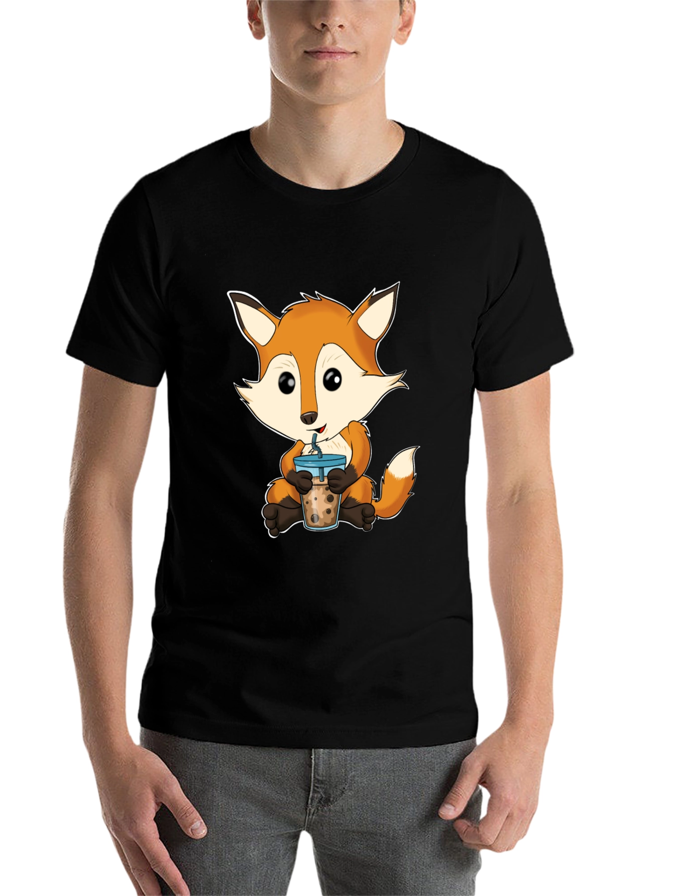 Black Cute Fox Boba Tea Graphic T-Shirt view 7