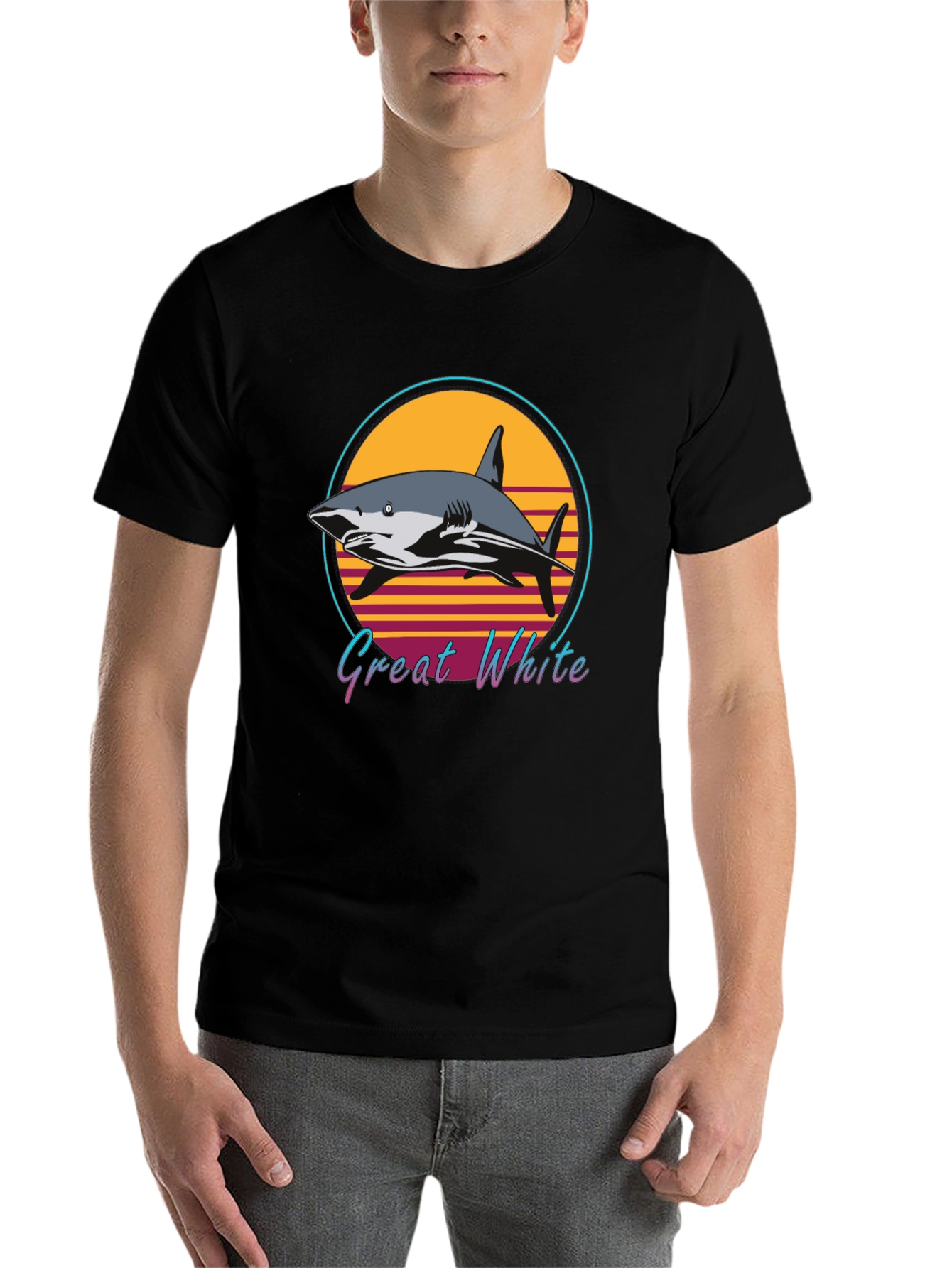 Black Great White Shark Retro Style T-Shirt view 7