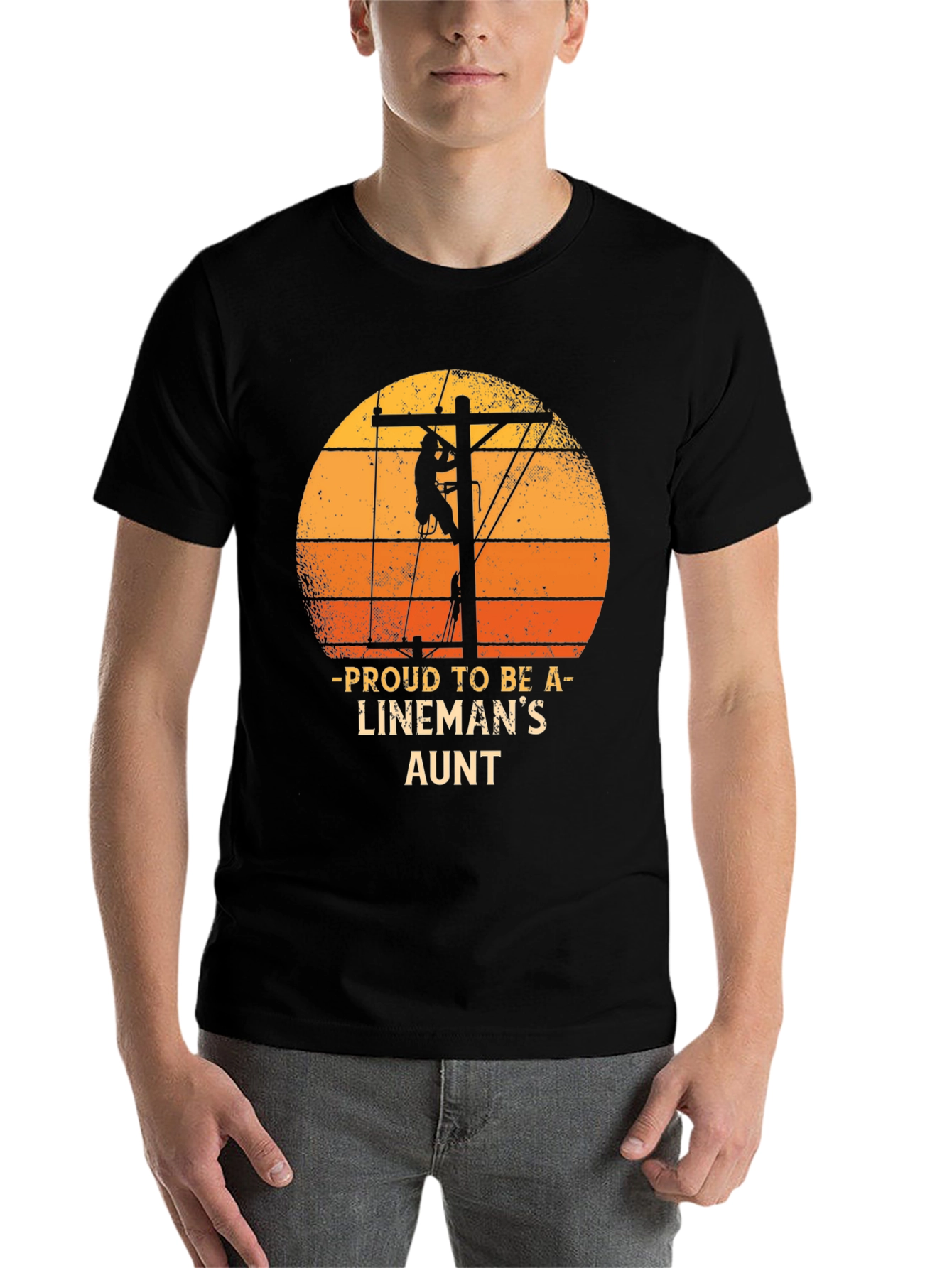 Black Proud Lineman's Aunt T-Shirt Retro Sunset Lineworker Tee view 7