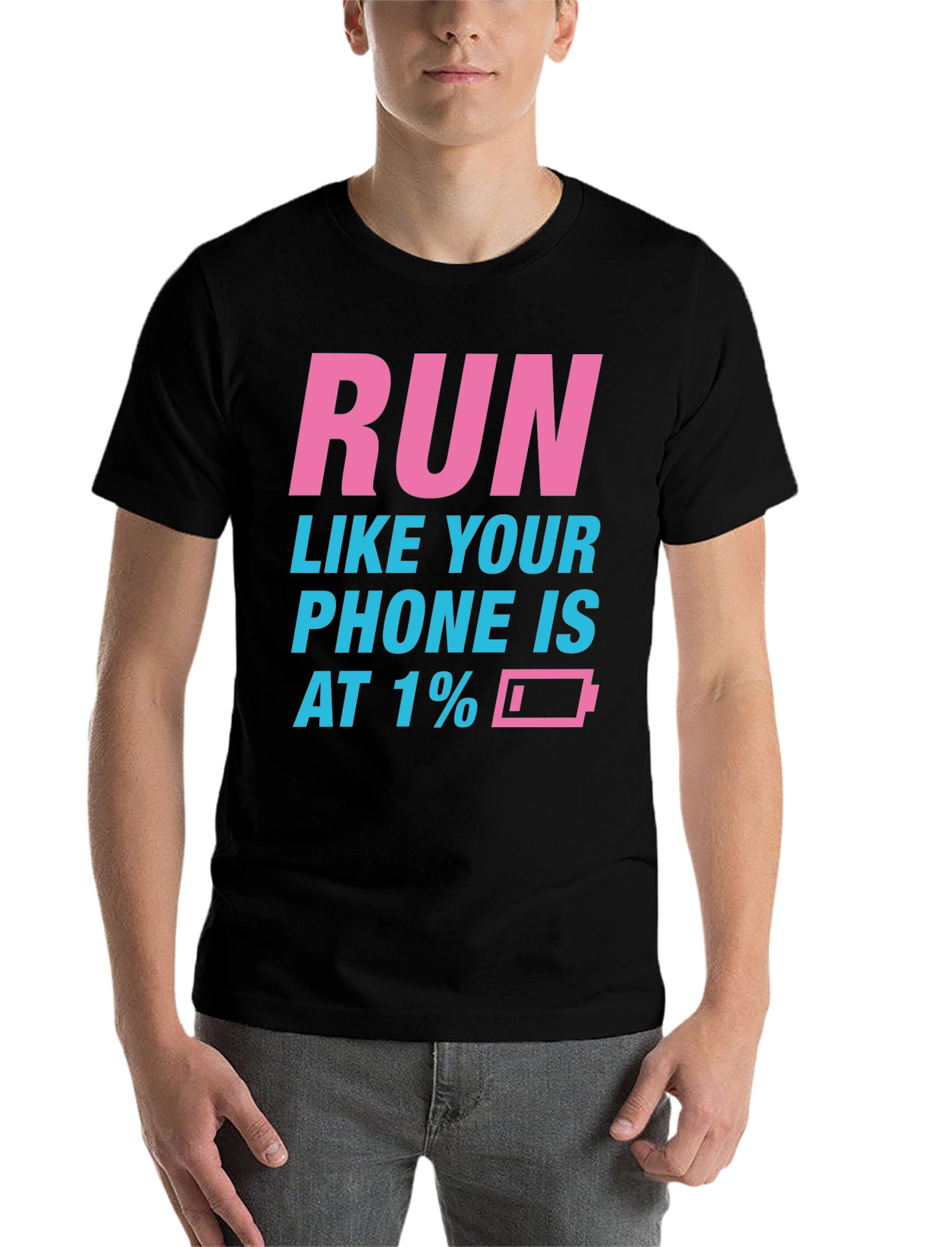 Black Run Like Your Phone is at 1% Funny Men's T-Shirt view 7