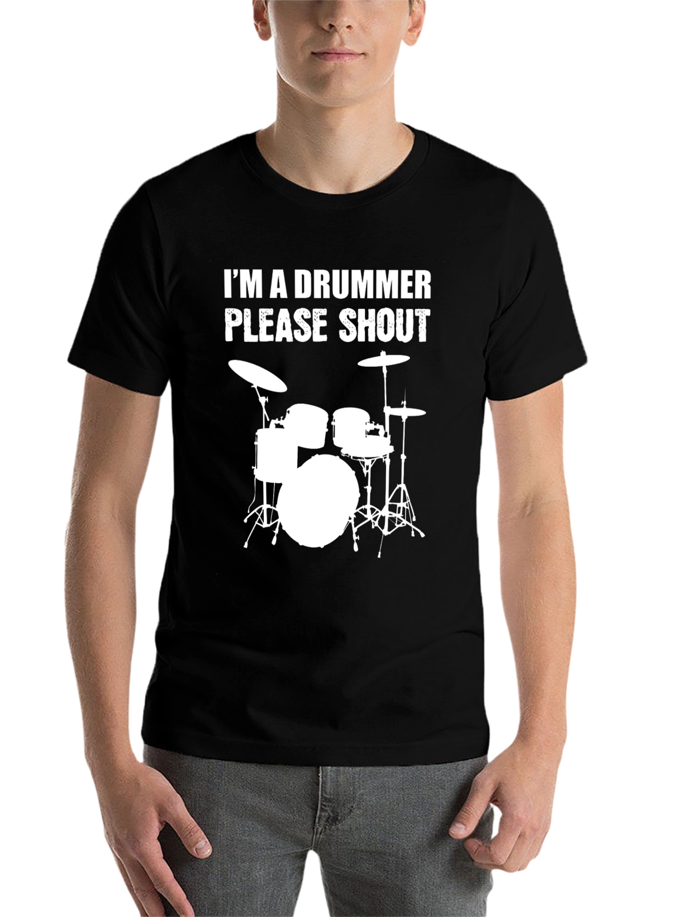 Black I'm a Drummer Please Shout T-Shirt view 7