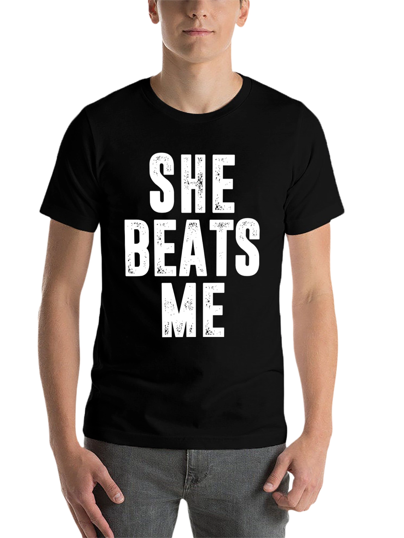 Black She Beats Me Funny T-Shirt view 7