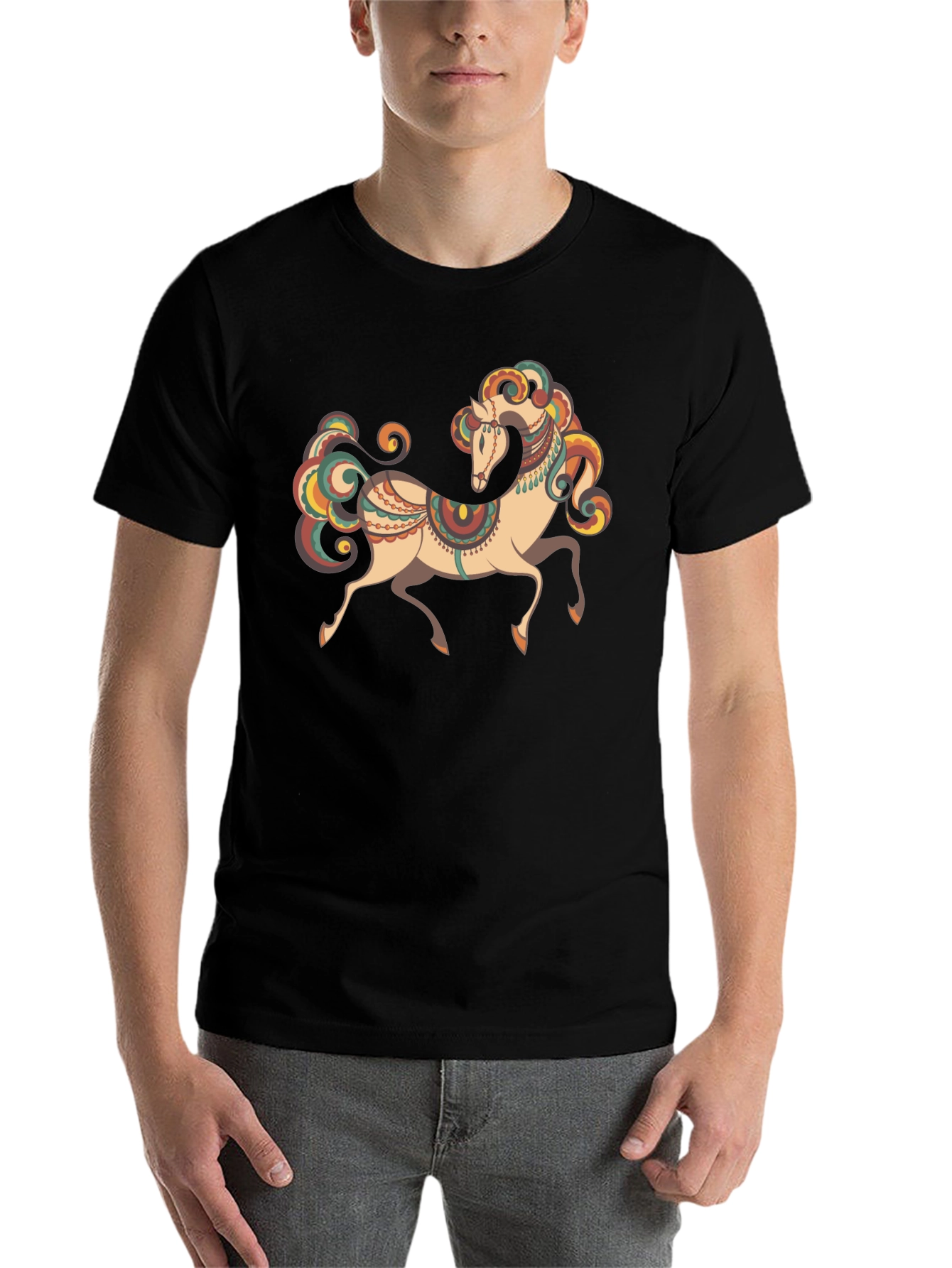 Black Men's Black T-Shirt with Horse Graphic view 7