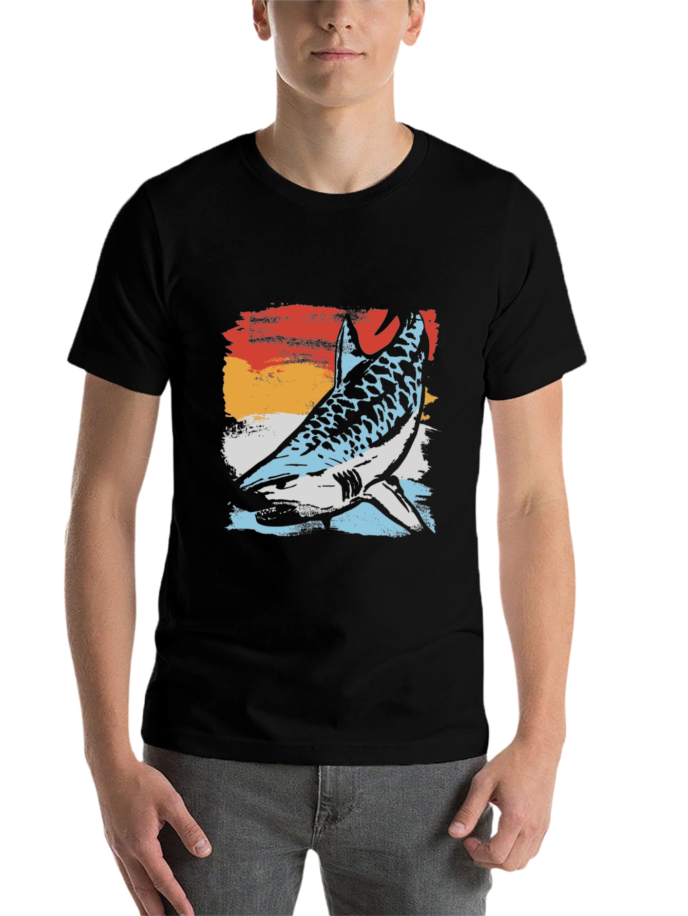 Black Retro Shark Graphic Tee - Black Cotton Blend T-Shirt view 7