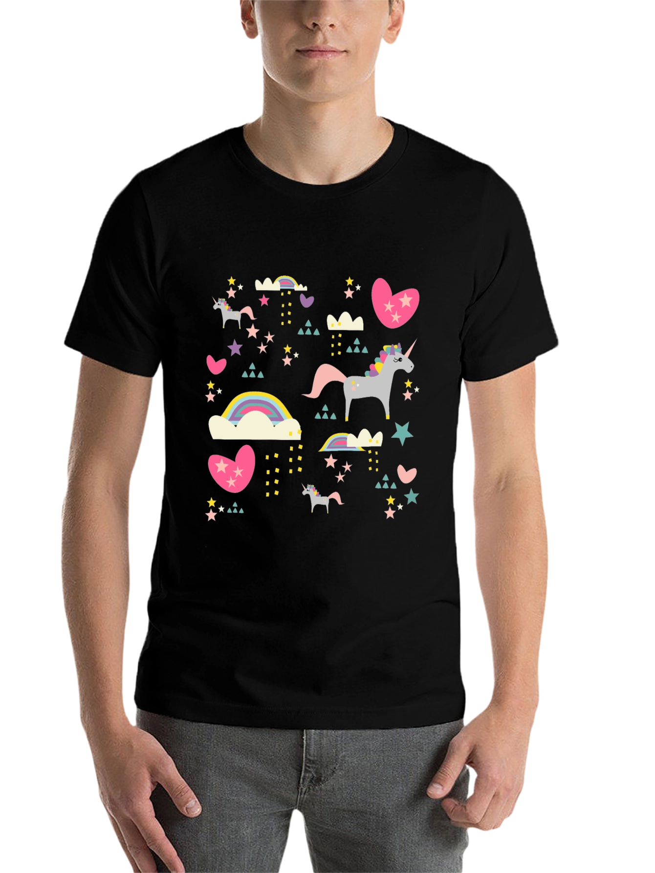 Black Unicorn & Rainbow Print Black T-Shirt view 7