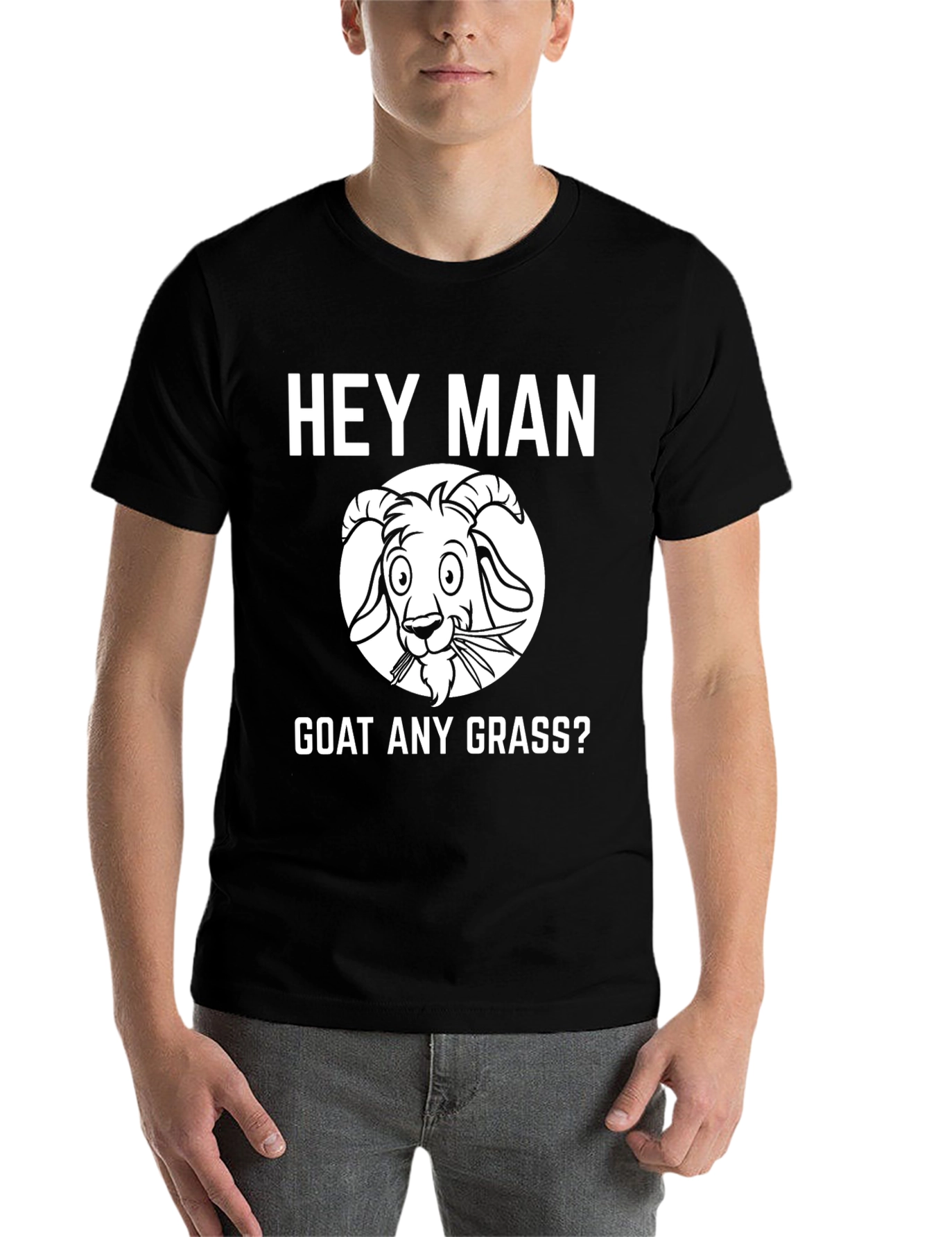 Black Hey Man Goat Any Grass Funny Black T-Shirt view 7