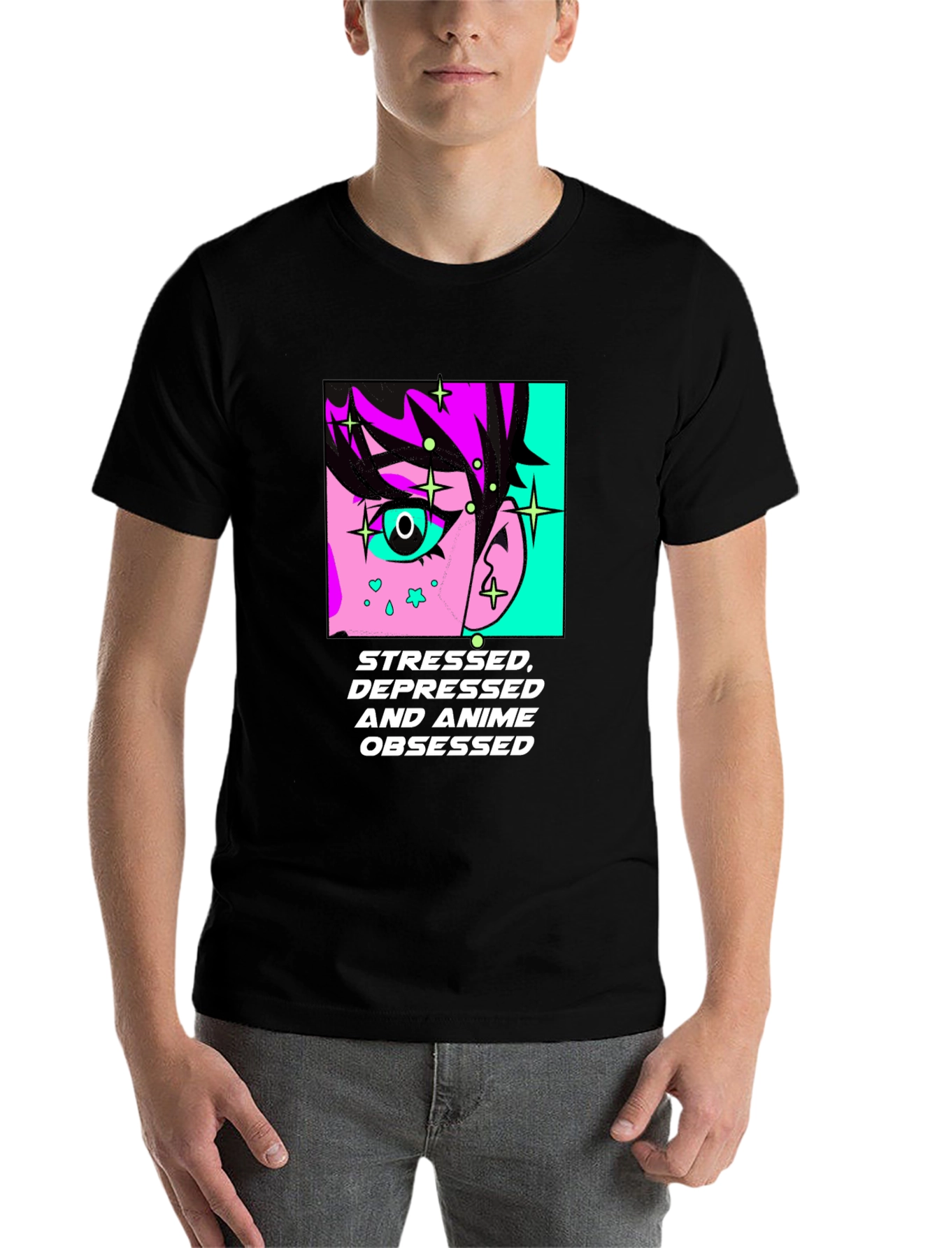Black Stressed Depressed Anime Obsessed Black T-Shirt view 7