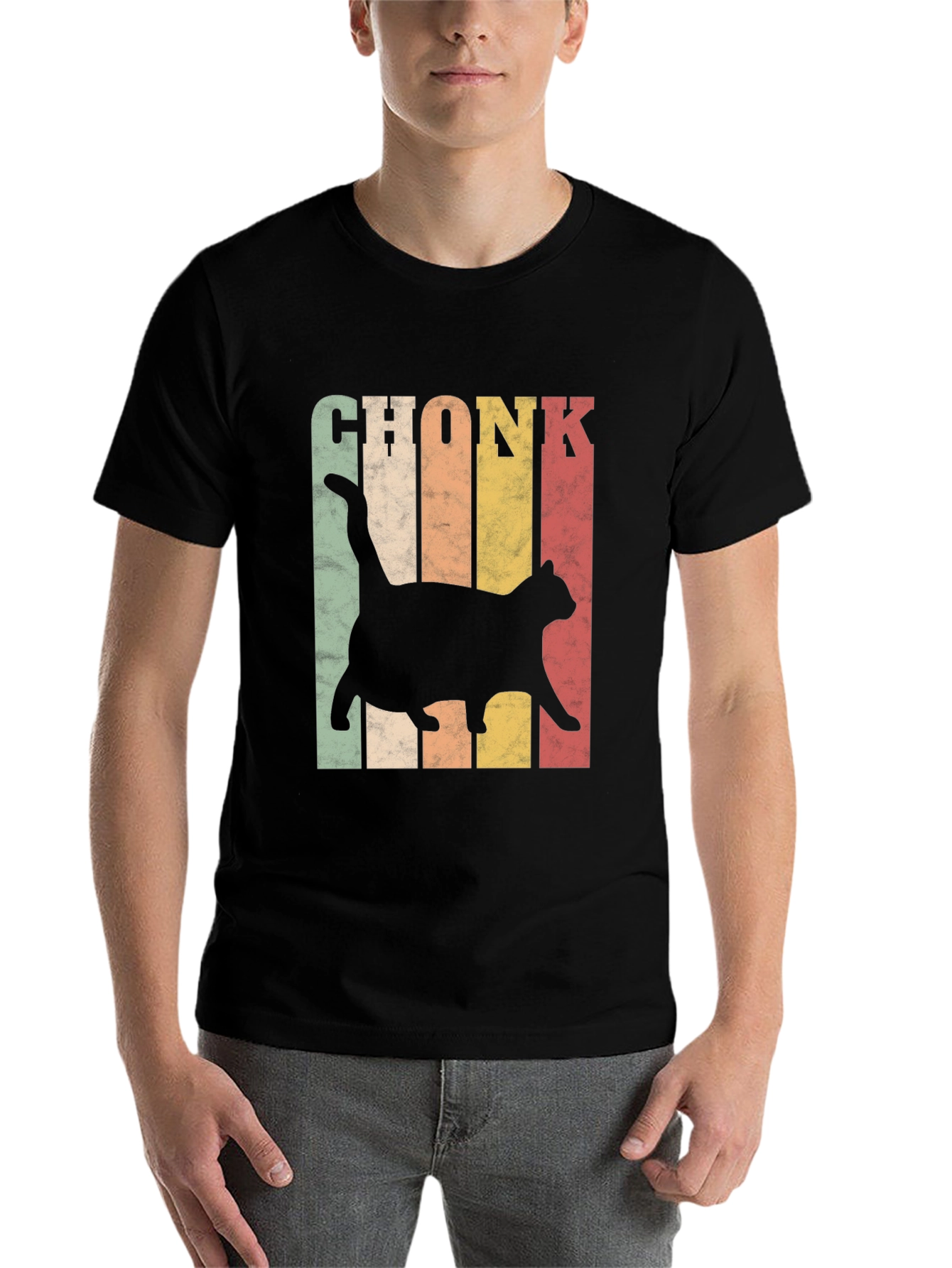 Black Chonk Cat Retro Style T-Shirt view 7