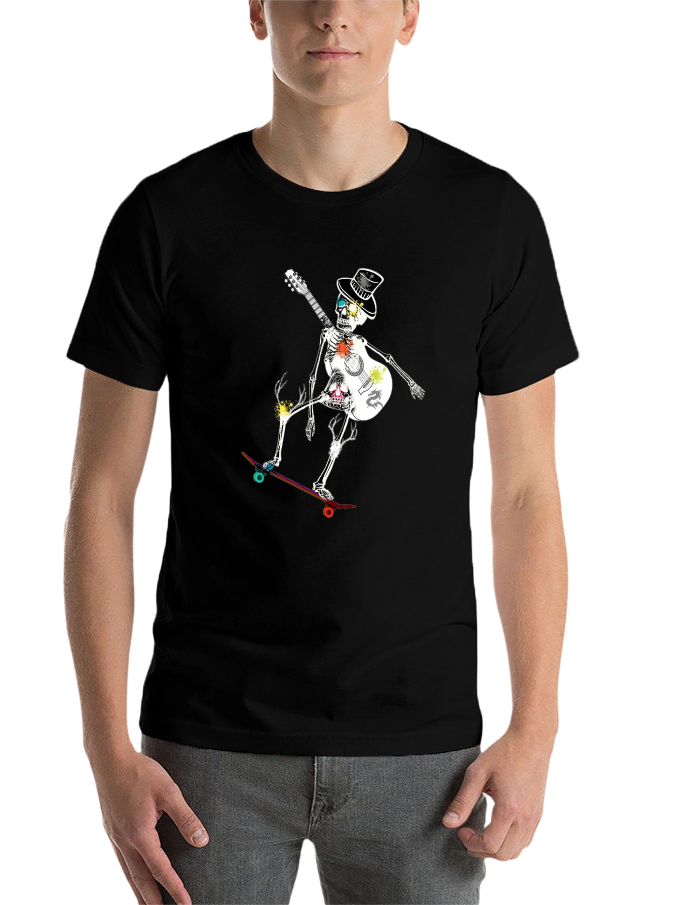 Black Skateboard Skeleton Guitarist Graphic Tee view 7