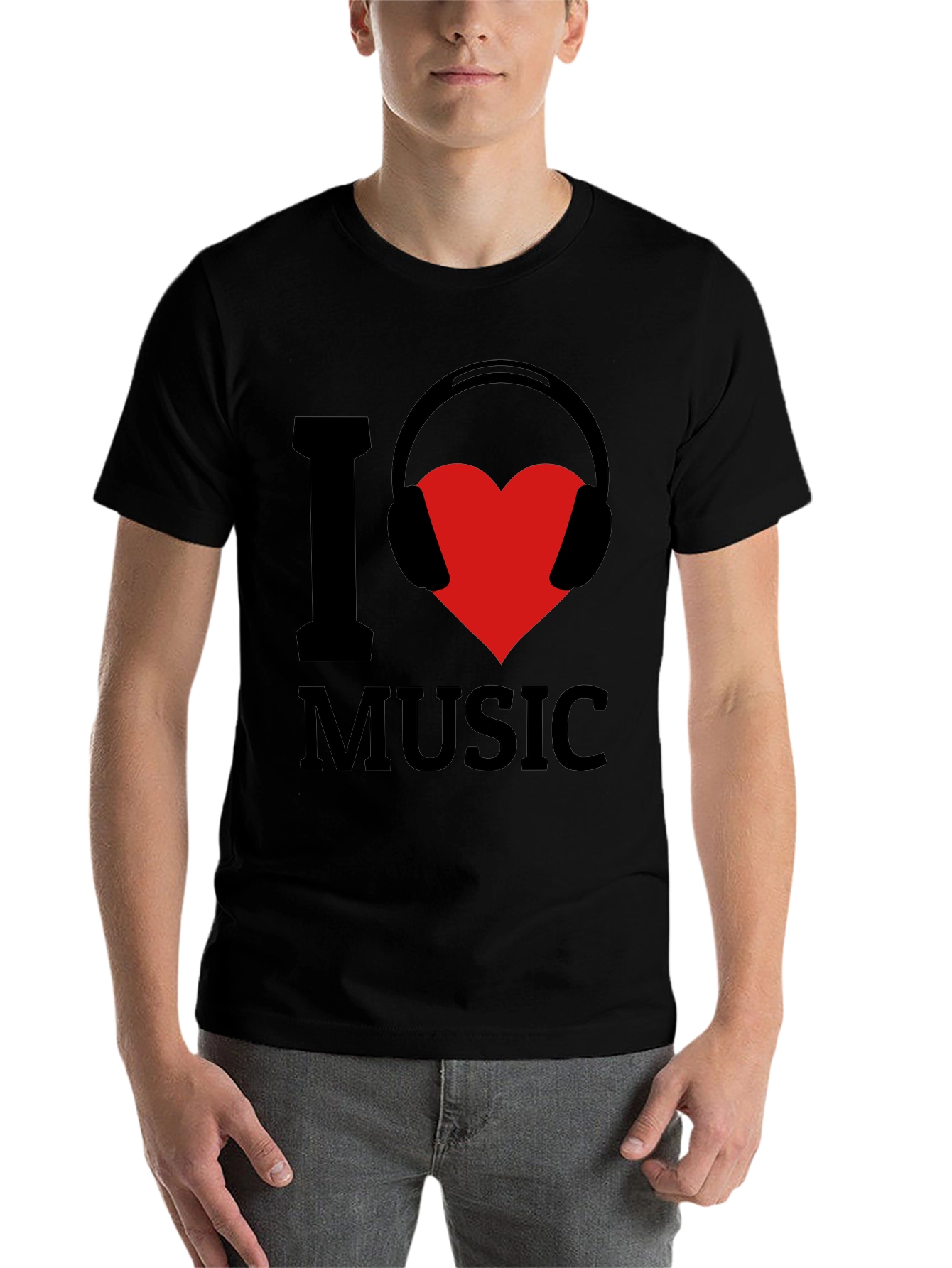 Black I Love Music T-Shirt - Heart Headphones Graphic Tee view 7