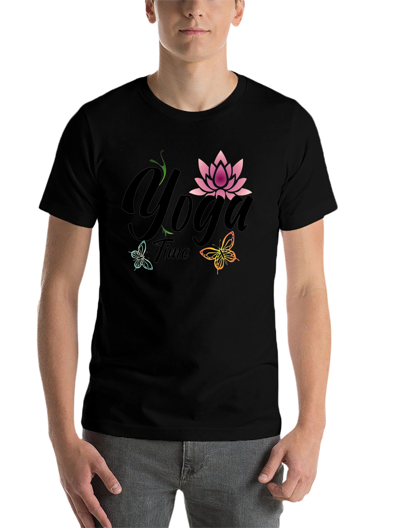 Black Yoga Time T-Shirt - Lotus Flower Butterfly Tee view 7
