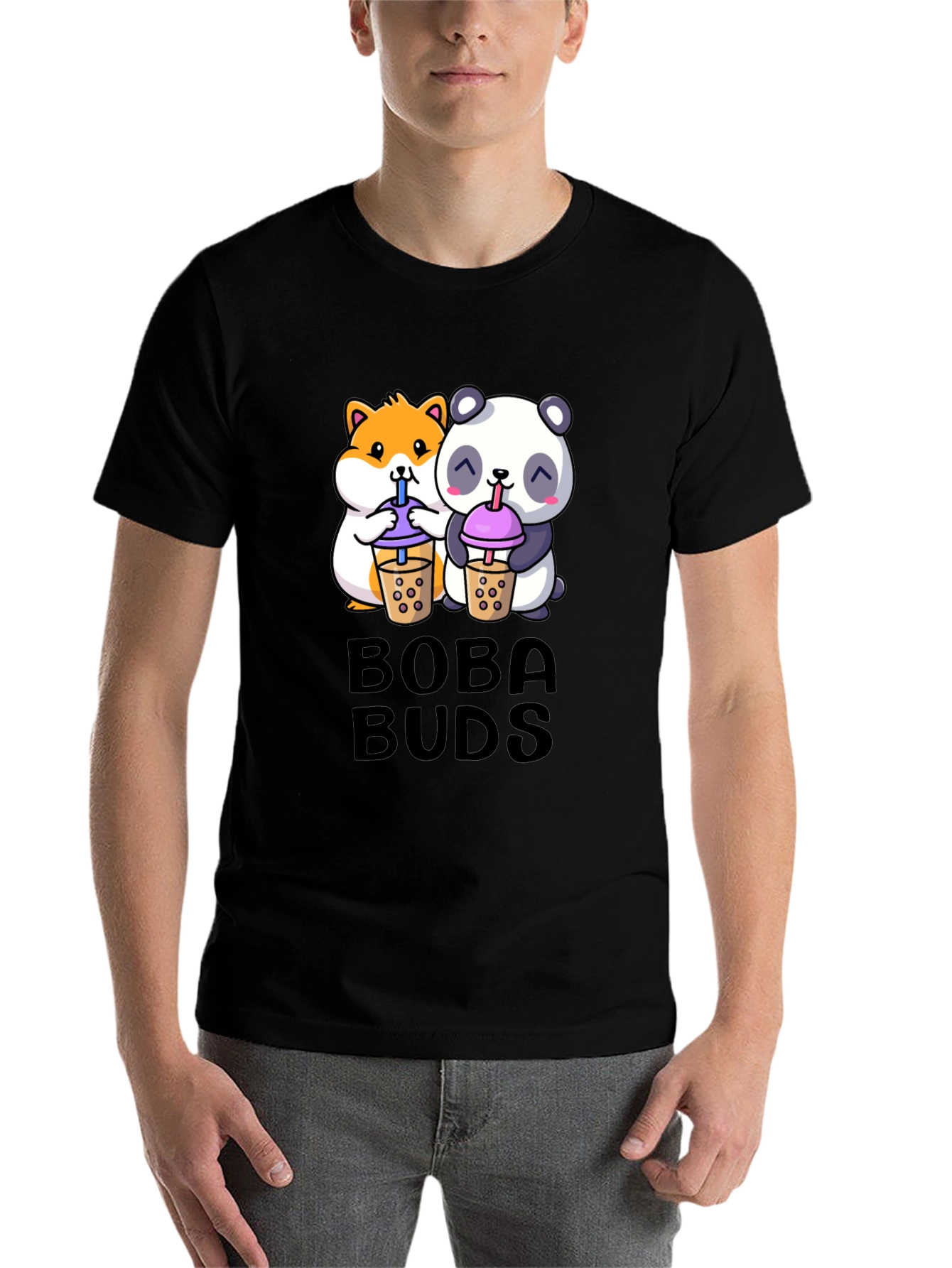 Black Boba Buds Graphic Tee - Cute Panda & Hamster Boba Design view 7