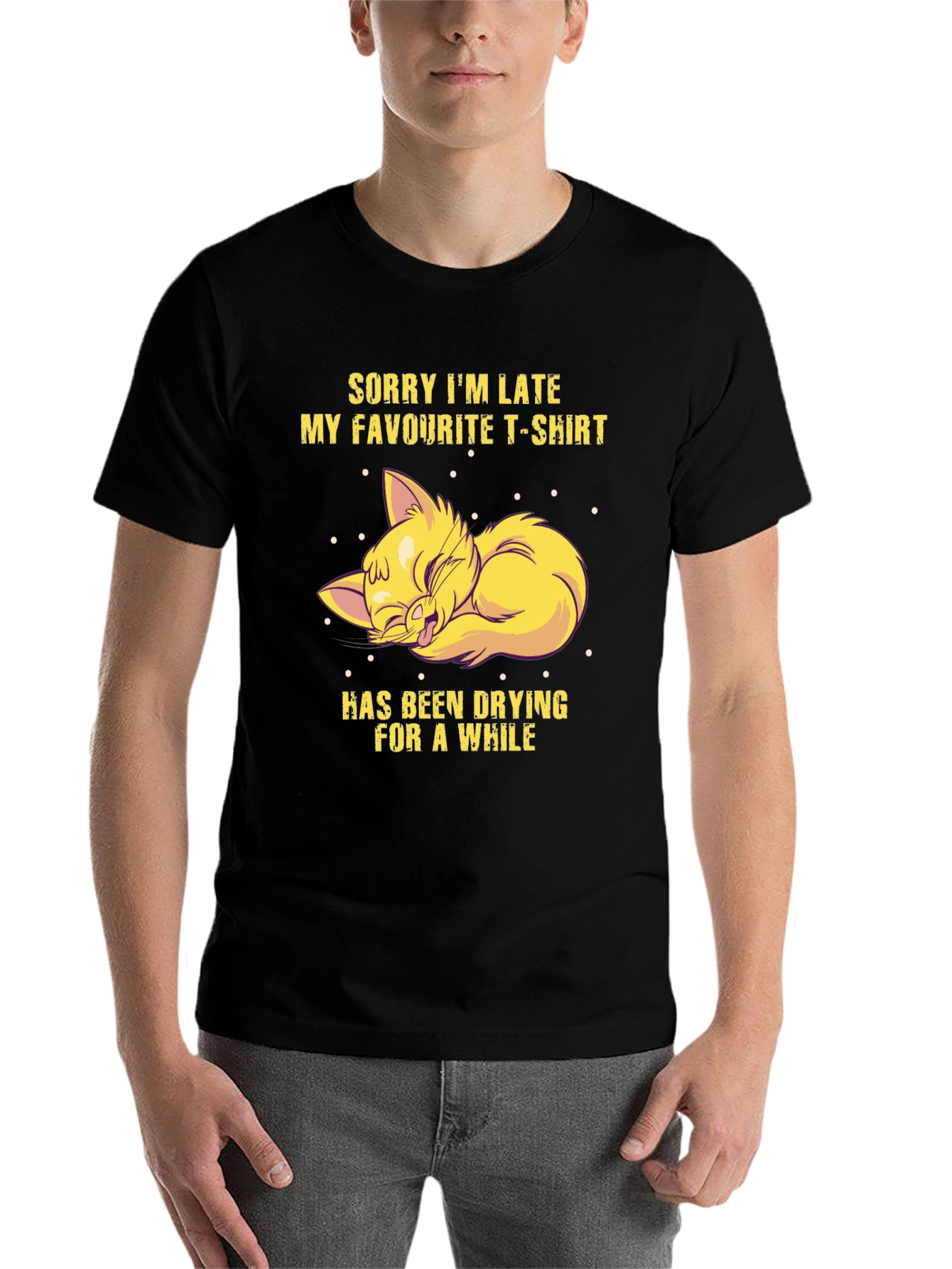 Black Funny Cat T-Shirt - Sorry I'm Late view 7