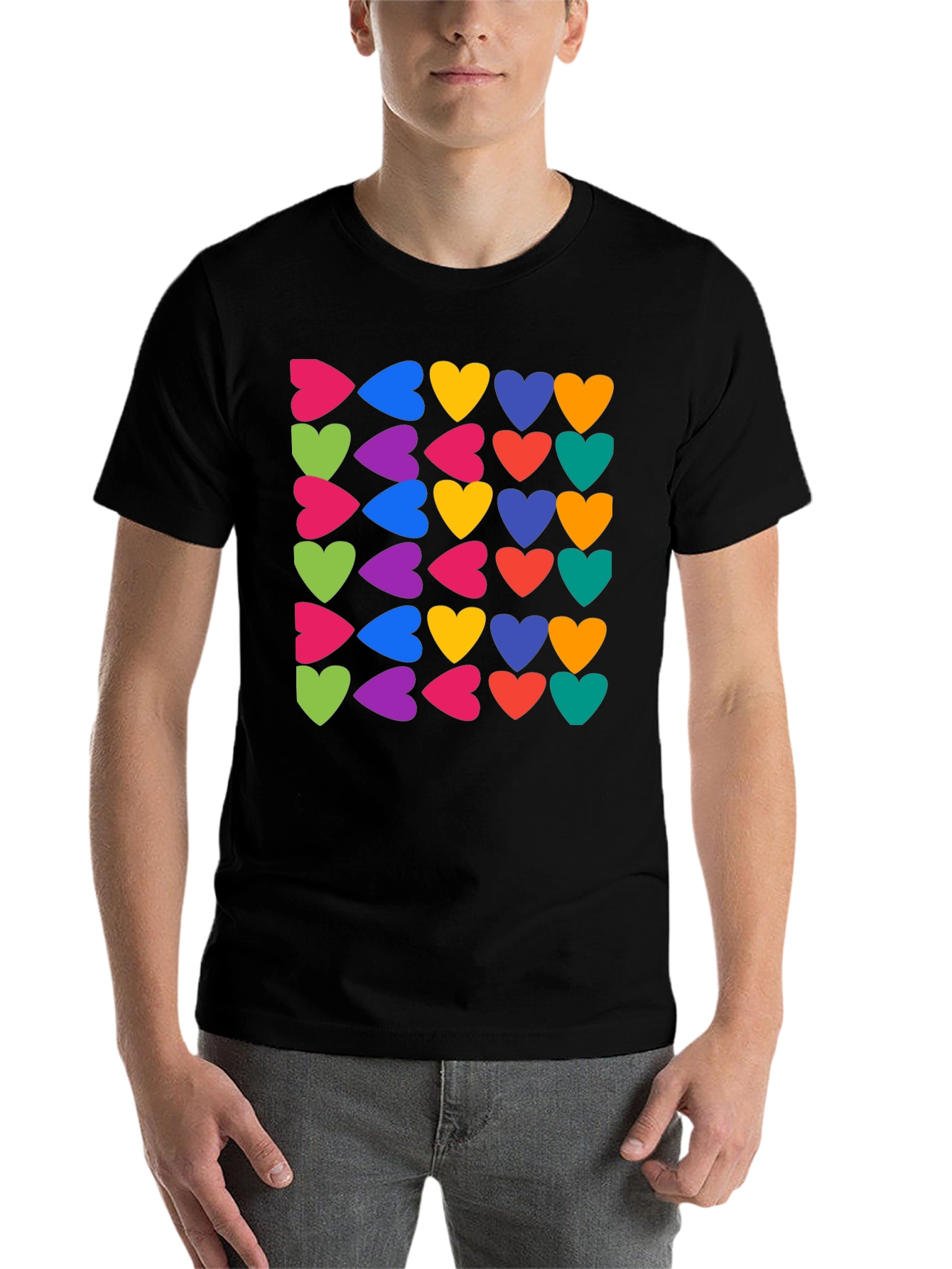 Black Colorful Hearts Pattern Black T-Shirt view 7