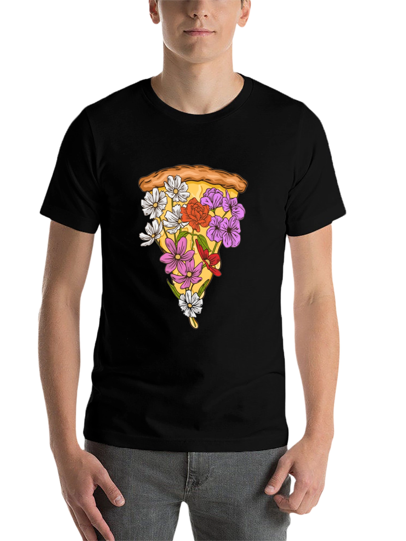 Black Floral Pizza Slice Graphic Tee - Unique Style view 7