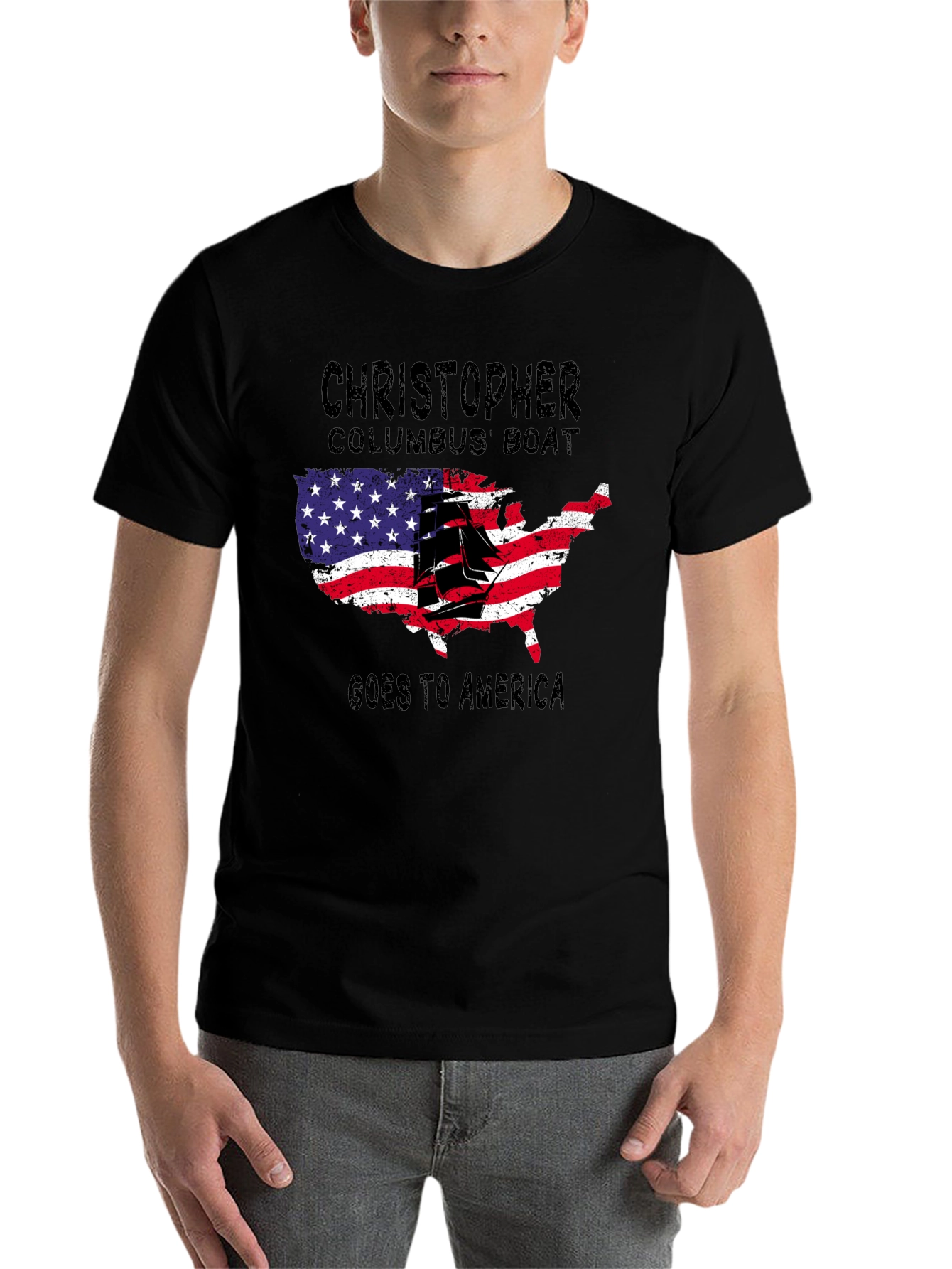 Black Christopher Columbus Boat USA Map T-Shirt view 7
