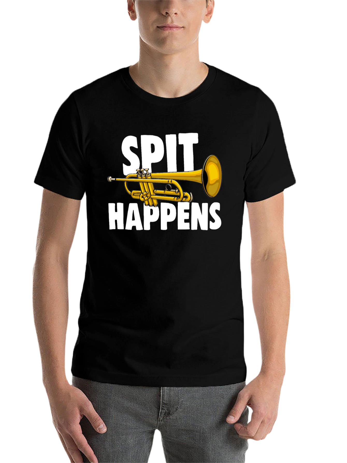 Black Spit Happens Trumpet T-Shirt - Musician Humor view 7